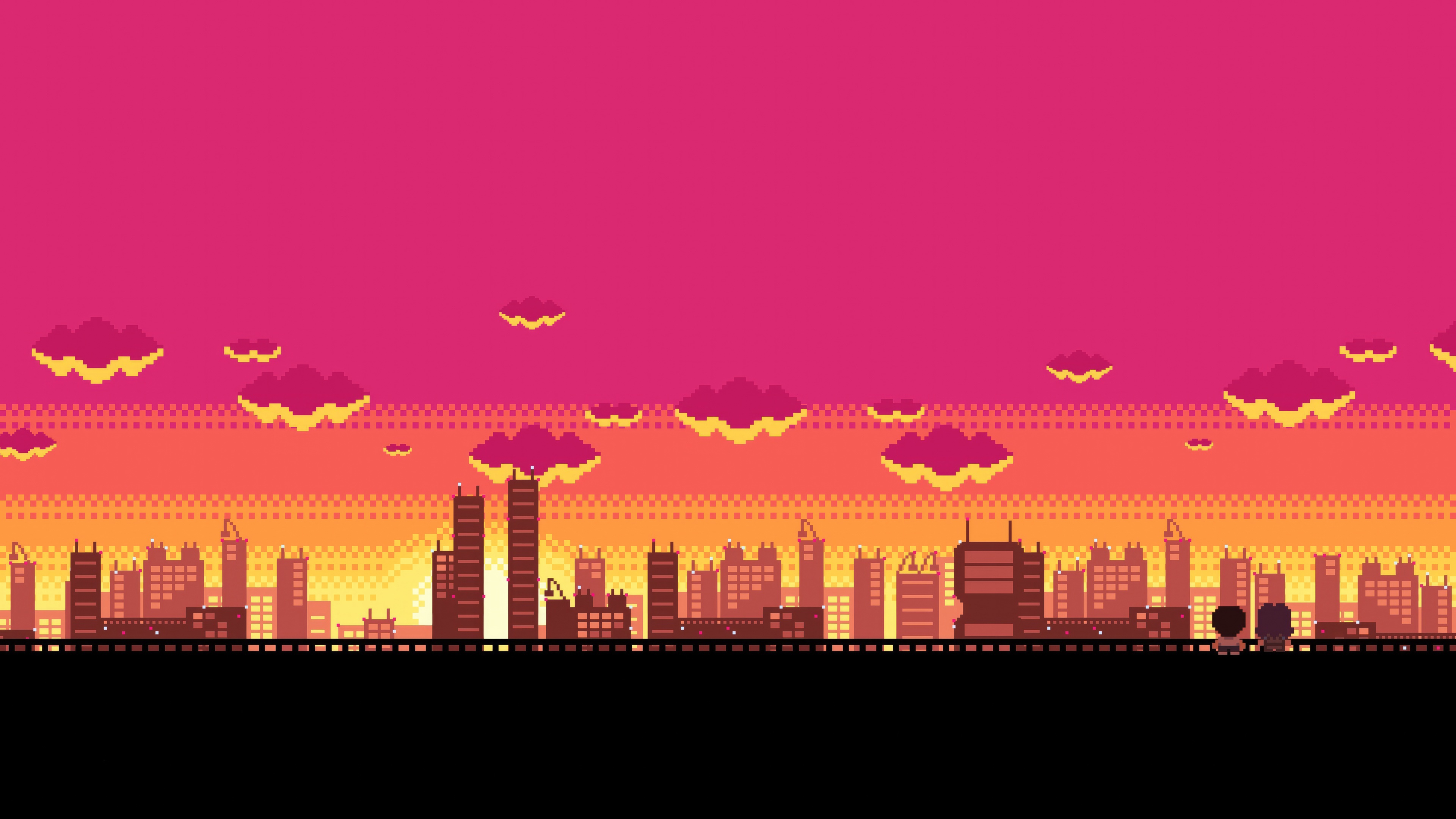 8 Bit Cityscape with Ikari Shinji and Rei Ayanami HD Wallpaper