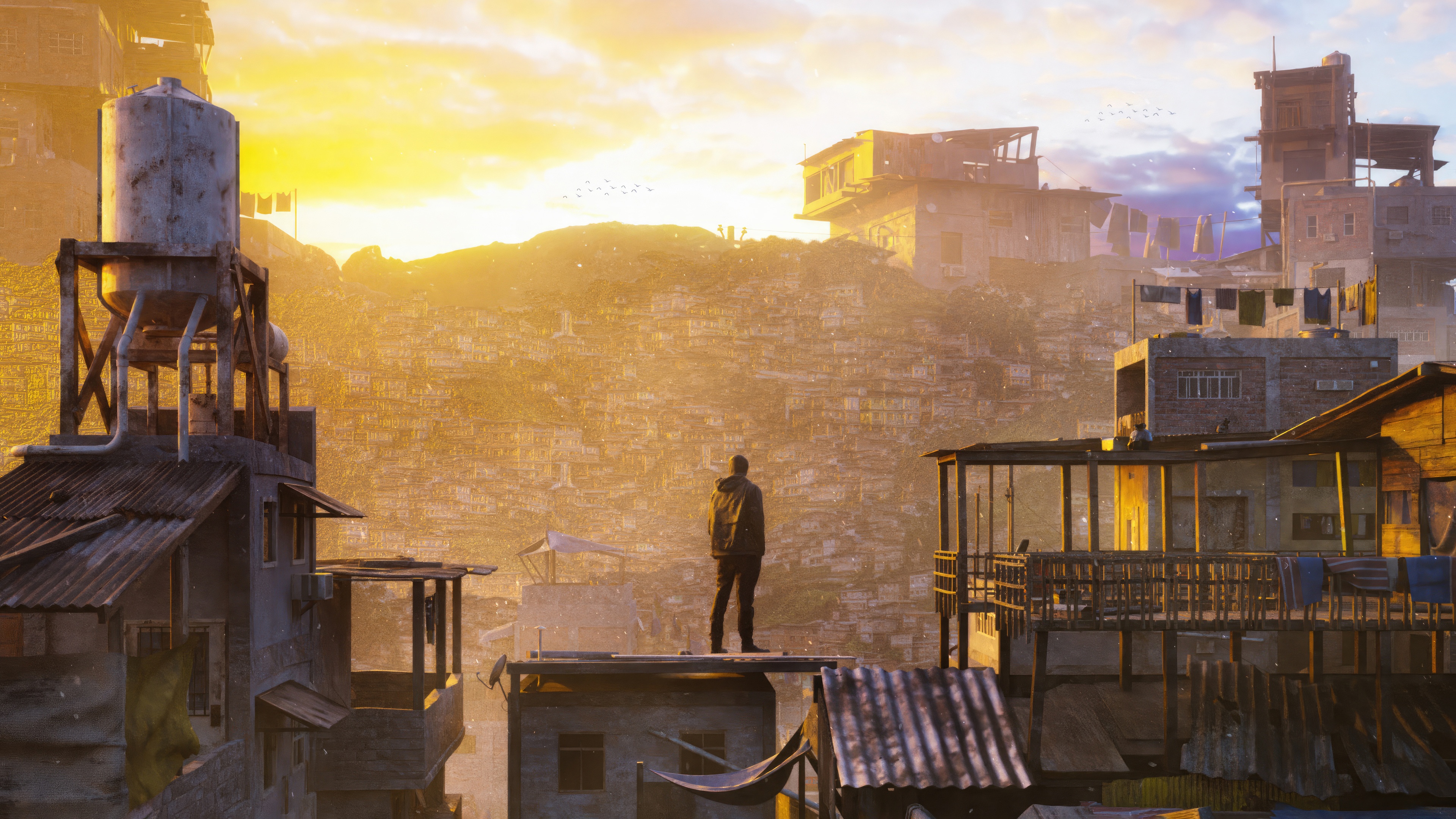 Man overlooking a sprawling, sun-drenched favela at dawn HD Wallpaper
