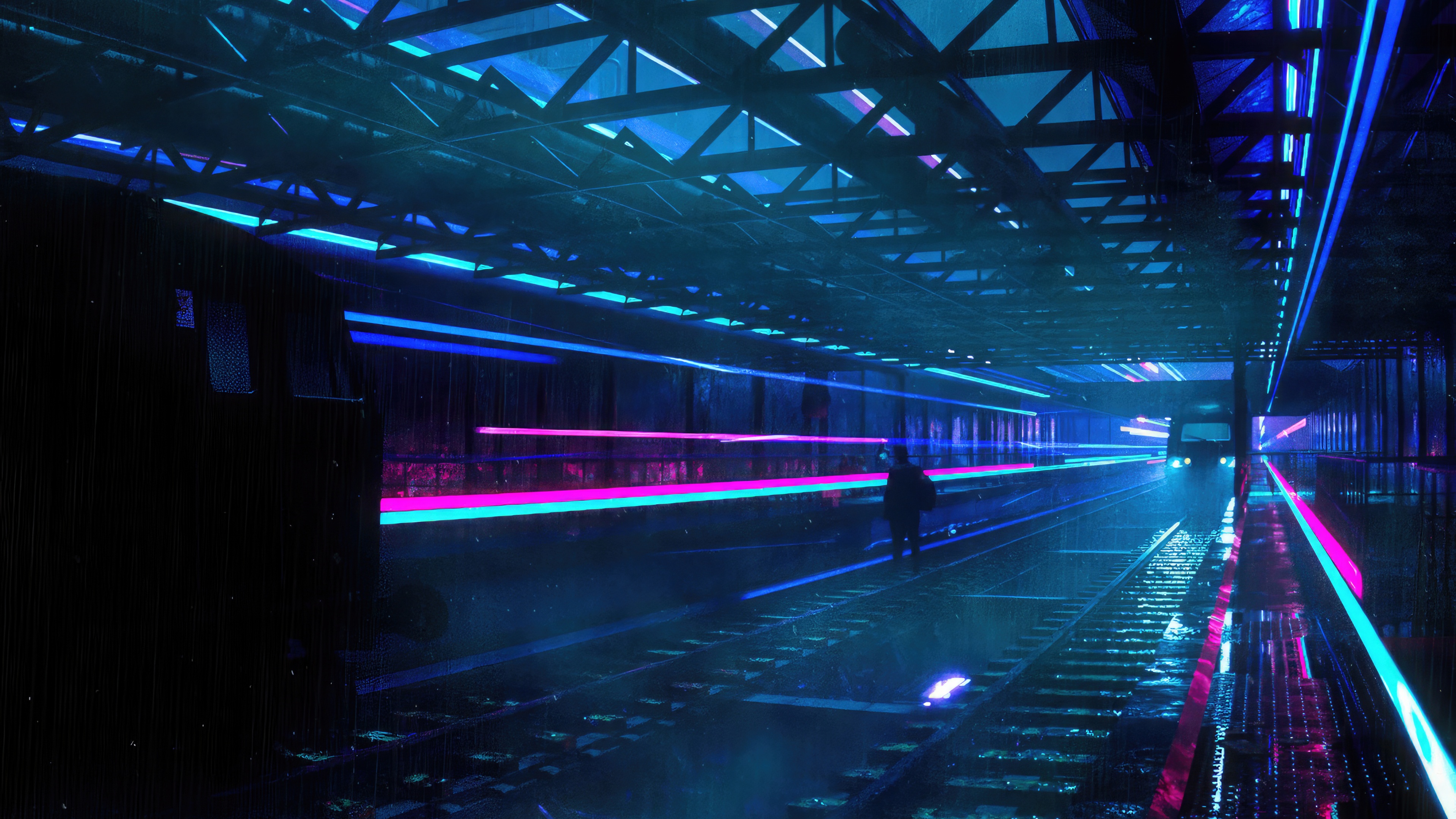 Neon-lit train station with a lone figure HD Wallpaper
