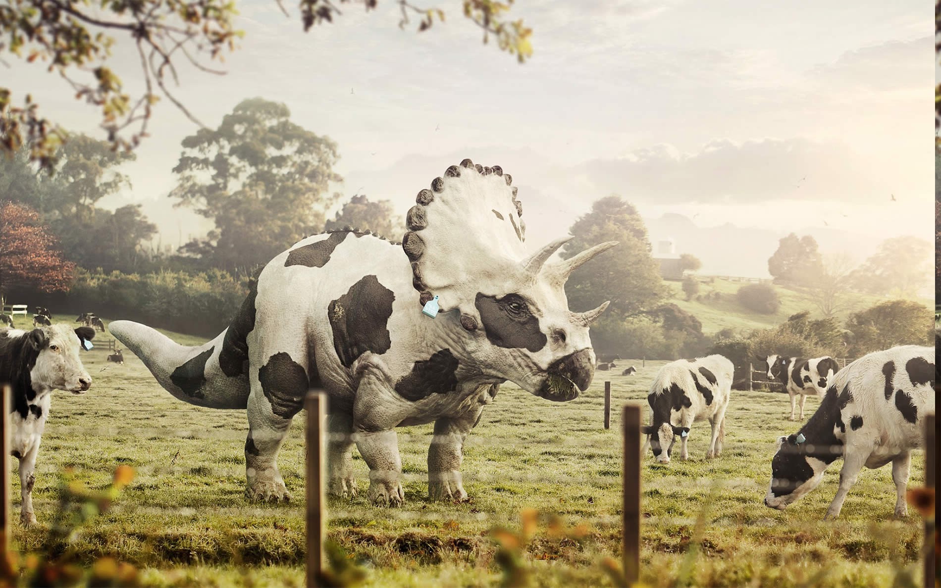 Cow-patterned Triceratops with cows in a field HD Wallpaper