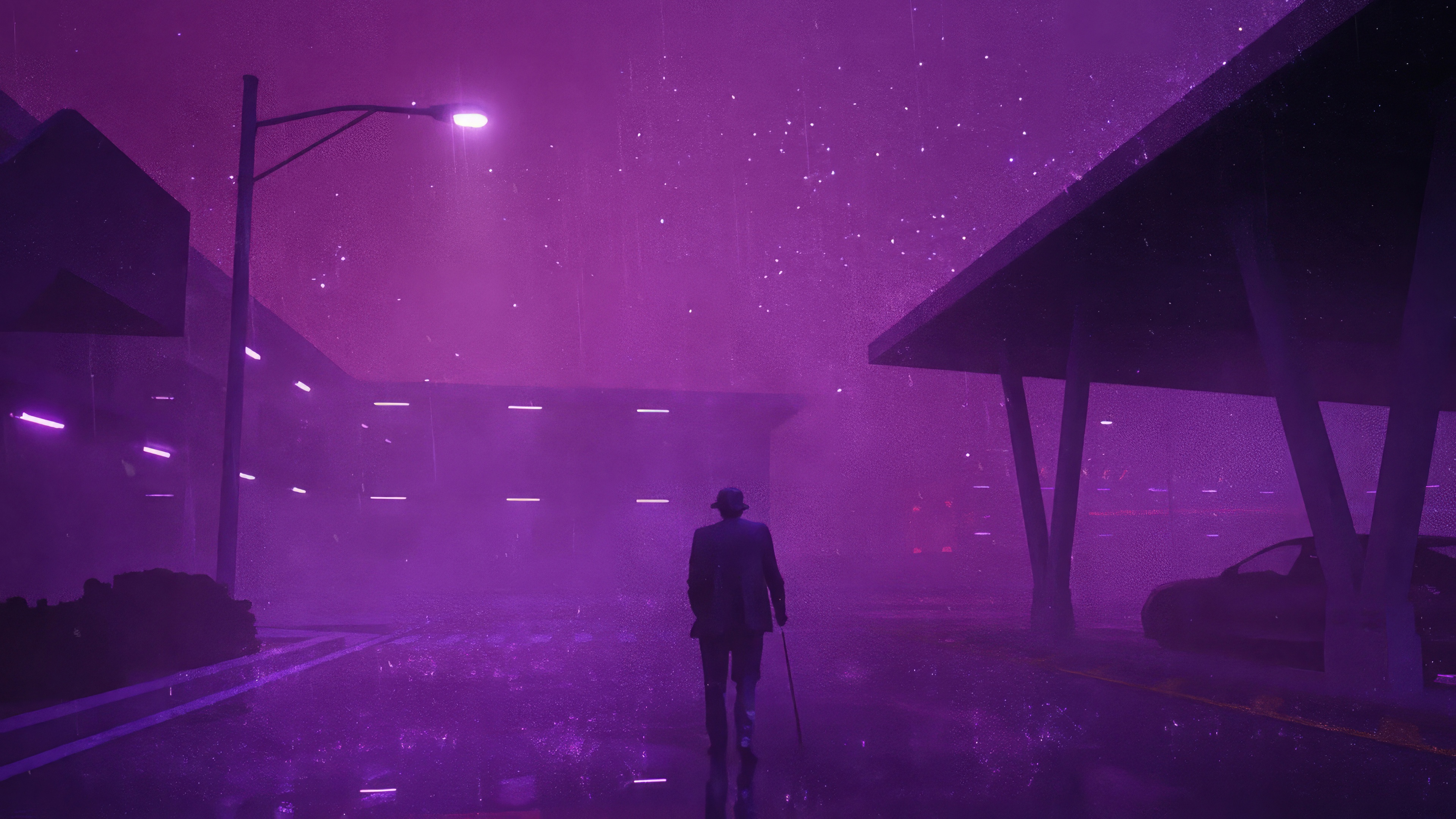 Man in hat walks in purple rain at night HD Wallpaper