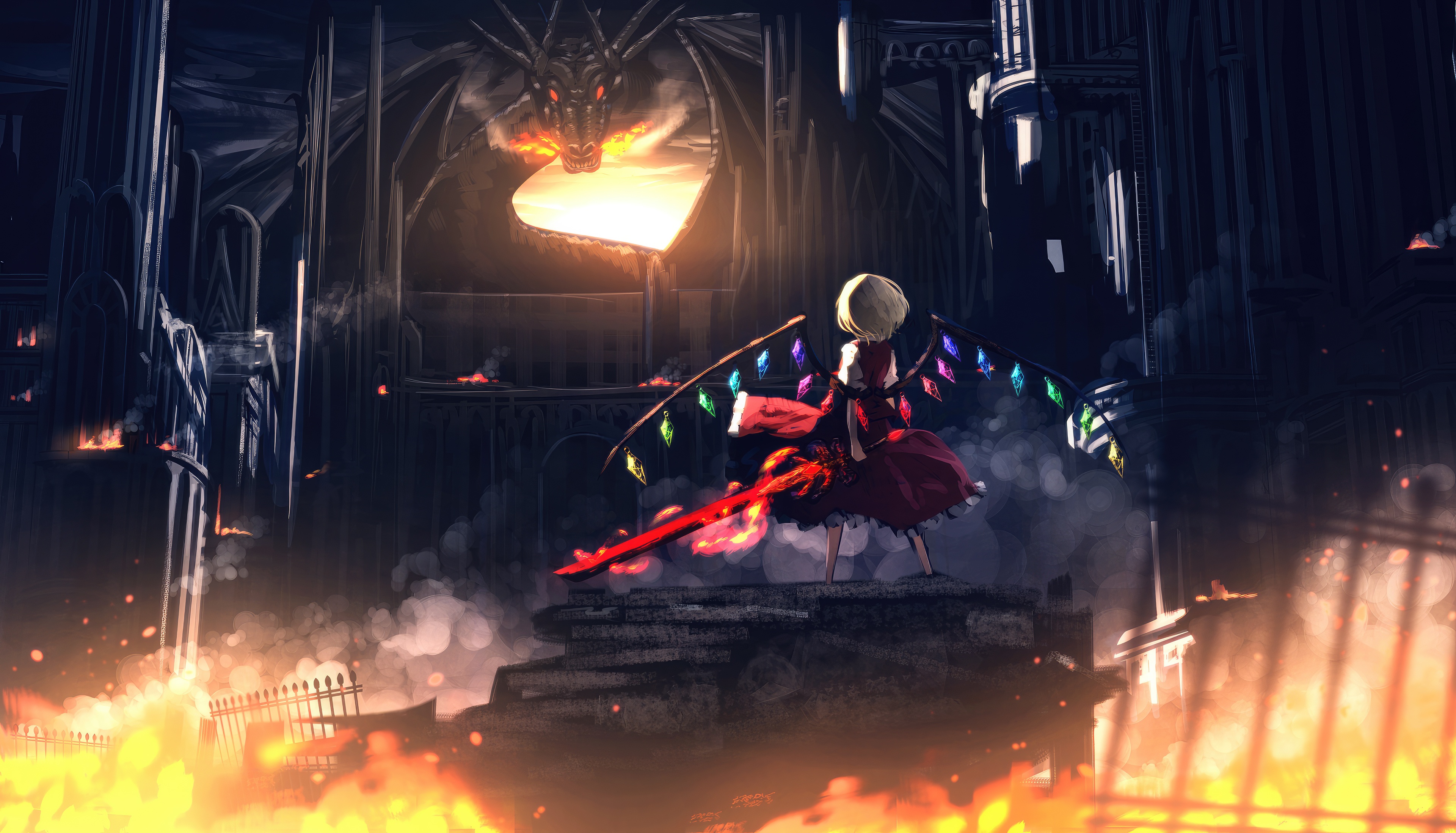 Touhou Anime: Dragon and Warrior in Burning Castle HD Wallpaper