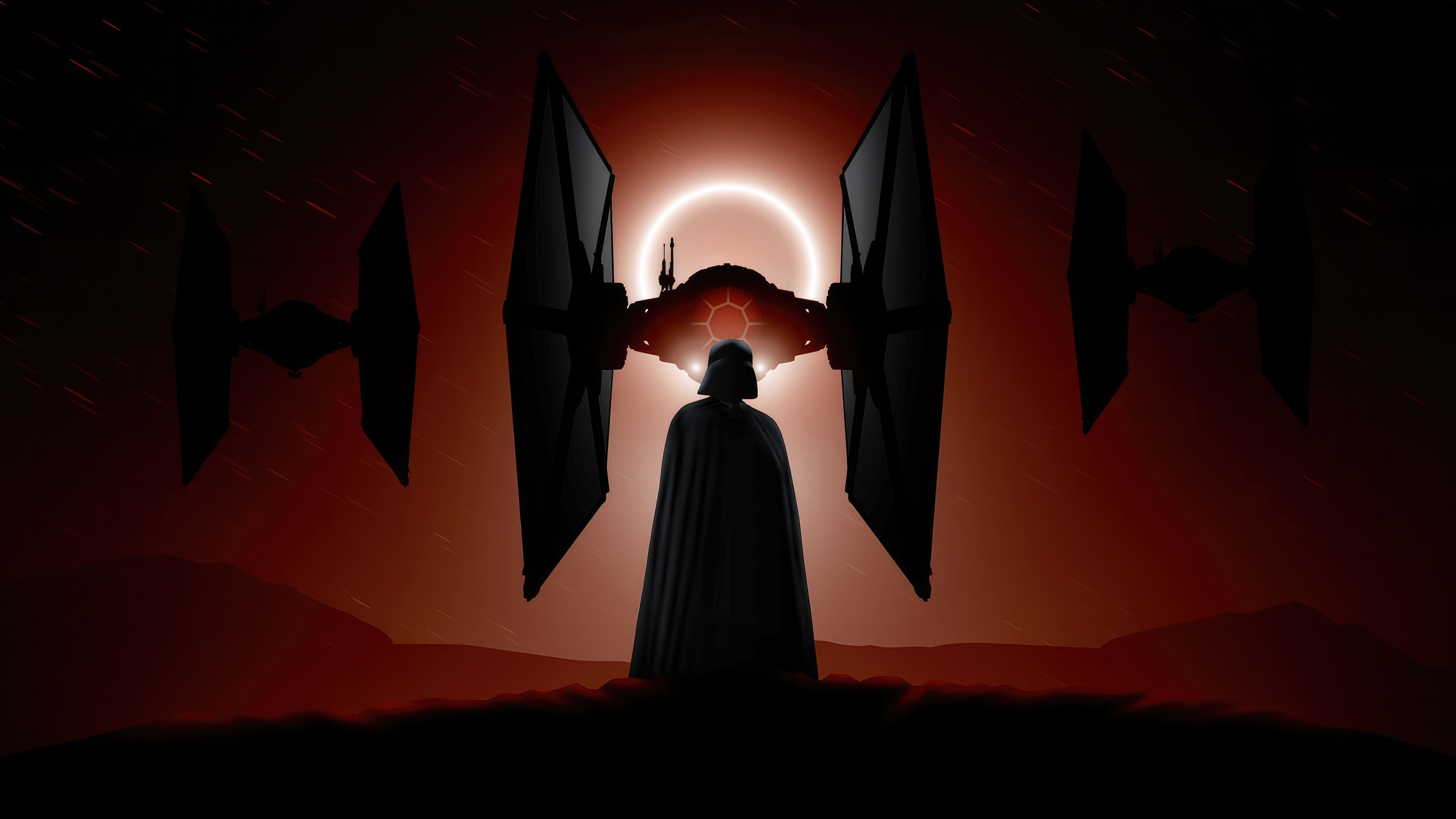 Darth Vader and TIE Fighters under a Red Eclipse HD Wallpaper