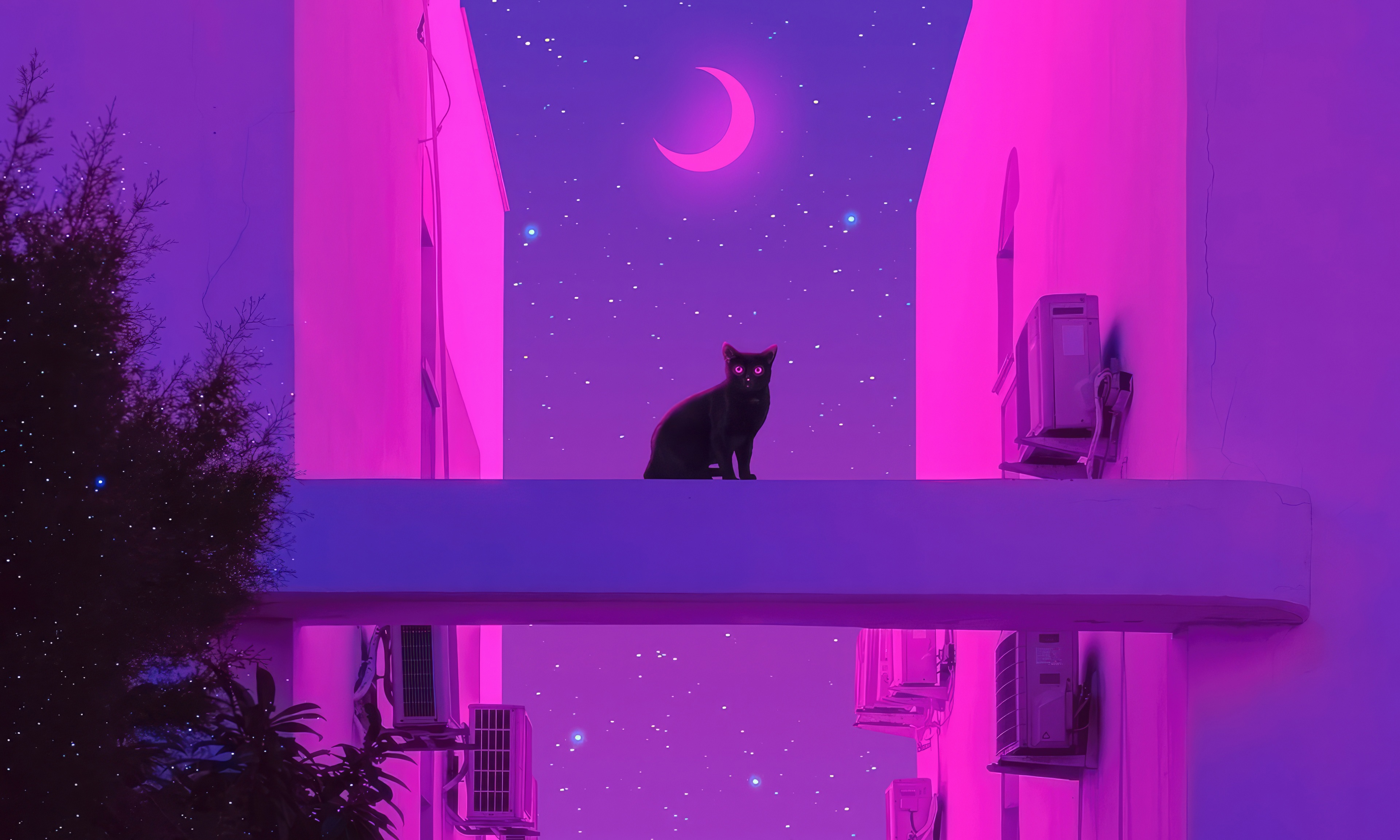 Black cat on a ledge under a crescent moon HD Wallpaper