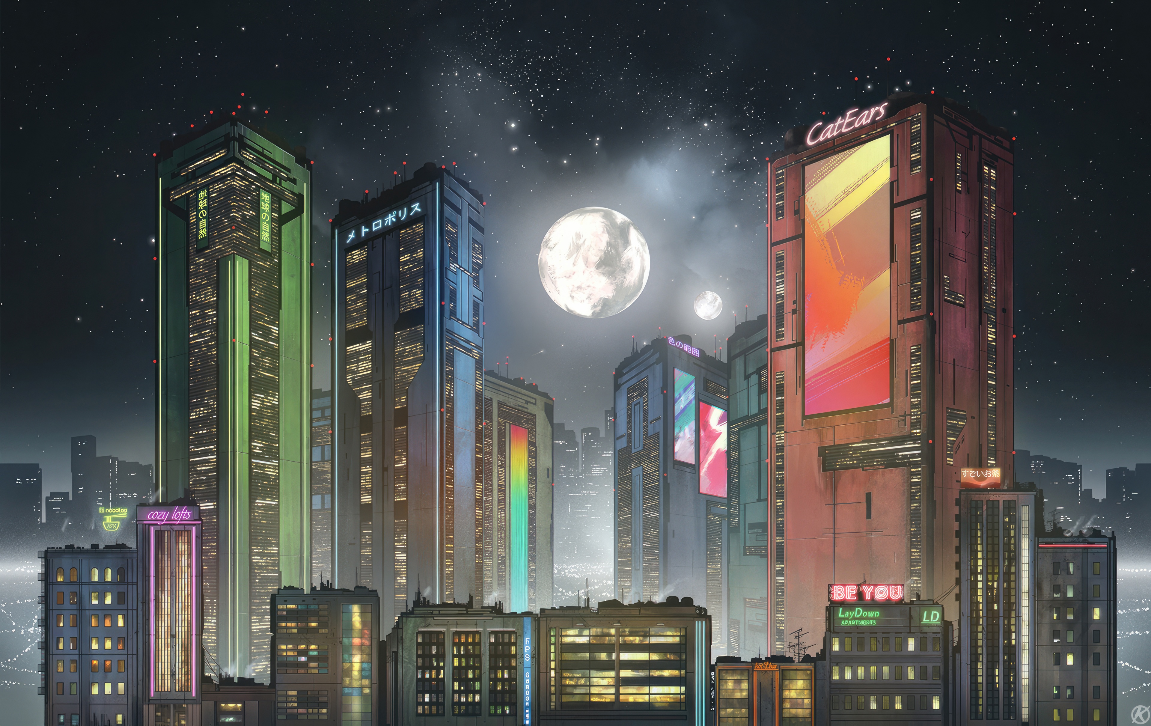 Cyberpunk Metropolis Under a Large Moon HD Wallpaper