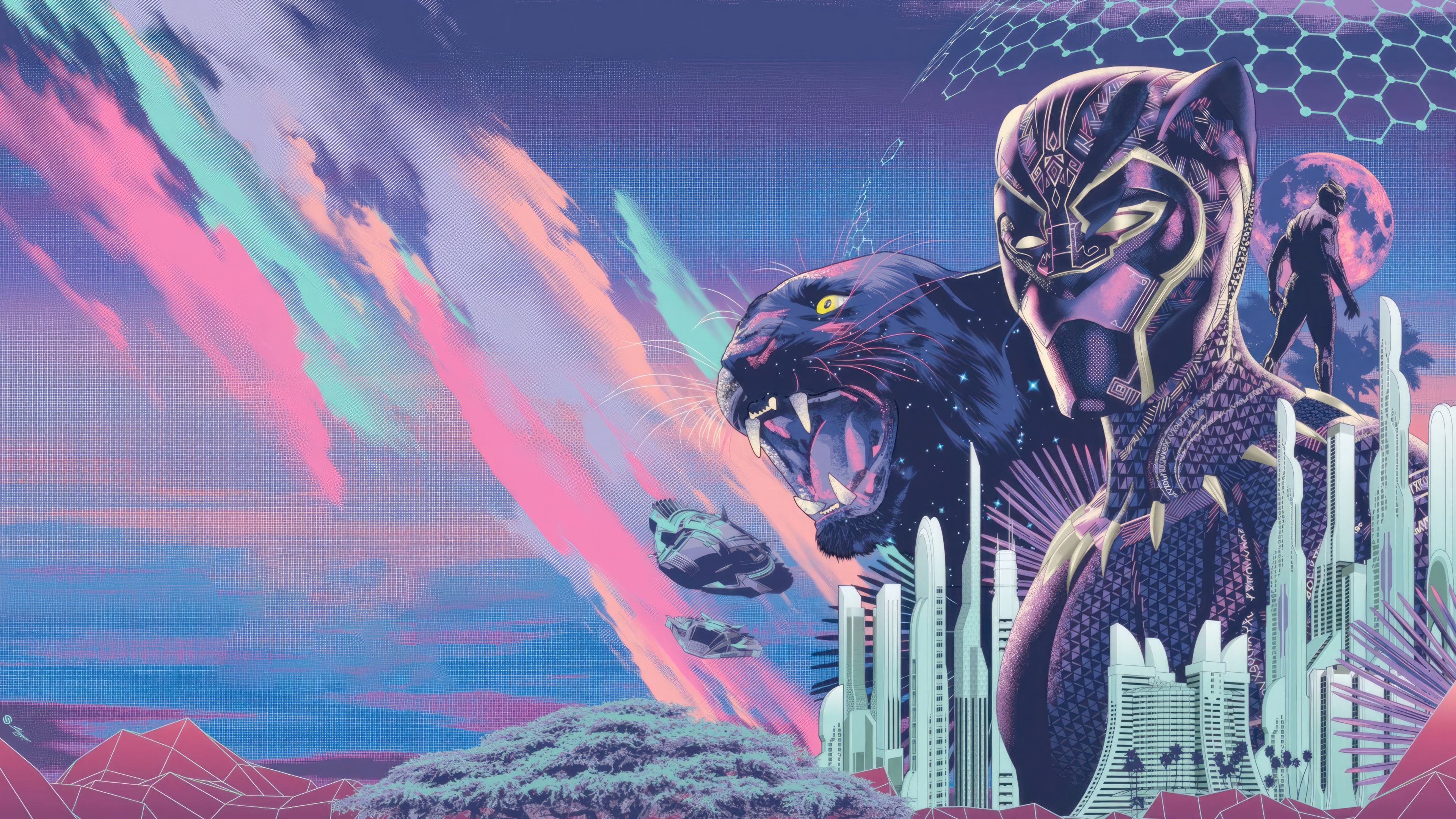 Black Panther and Panther in Surreal Landscape HD Wallpaper