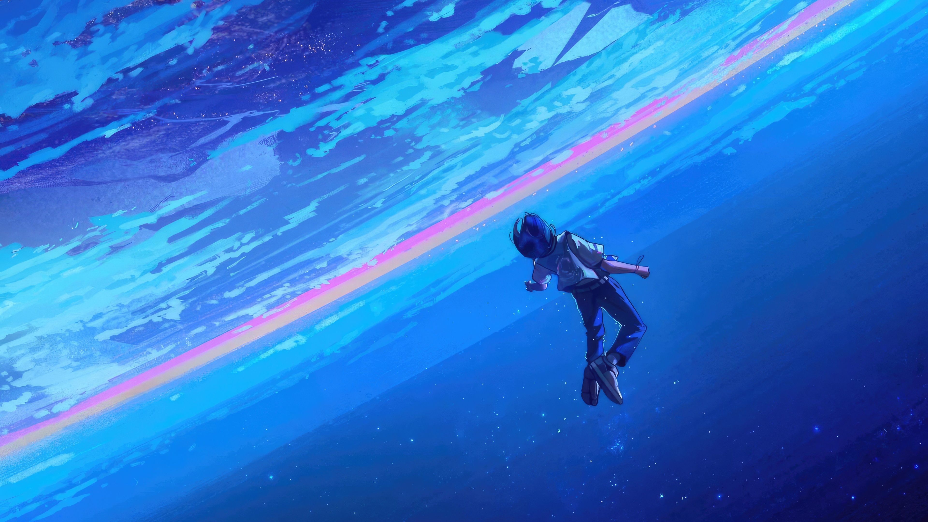 Boy floating in space with a colorful planet HD Wallpaper