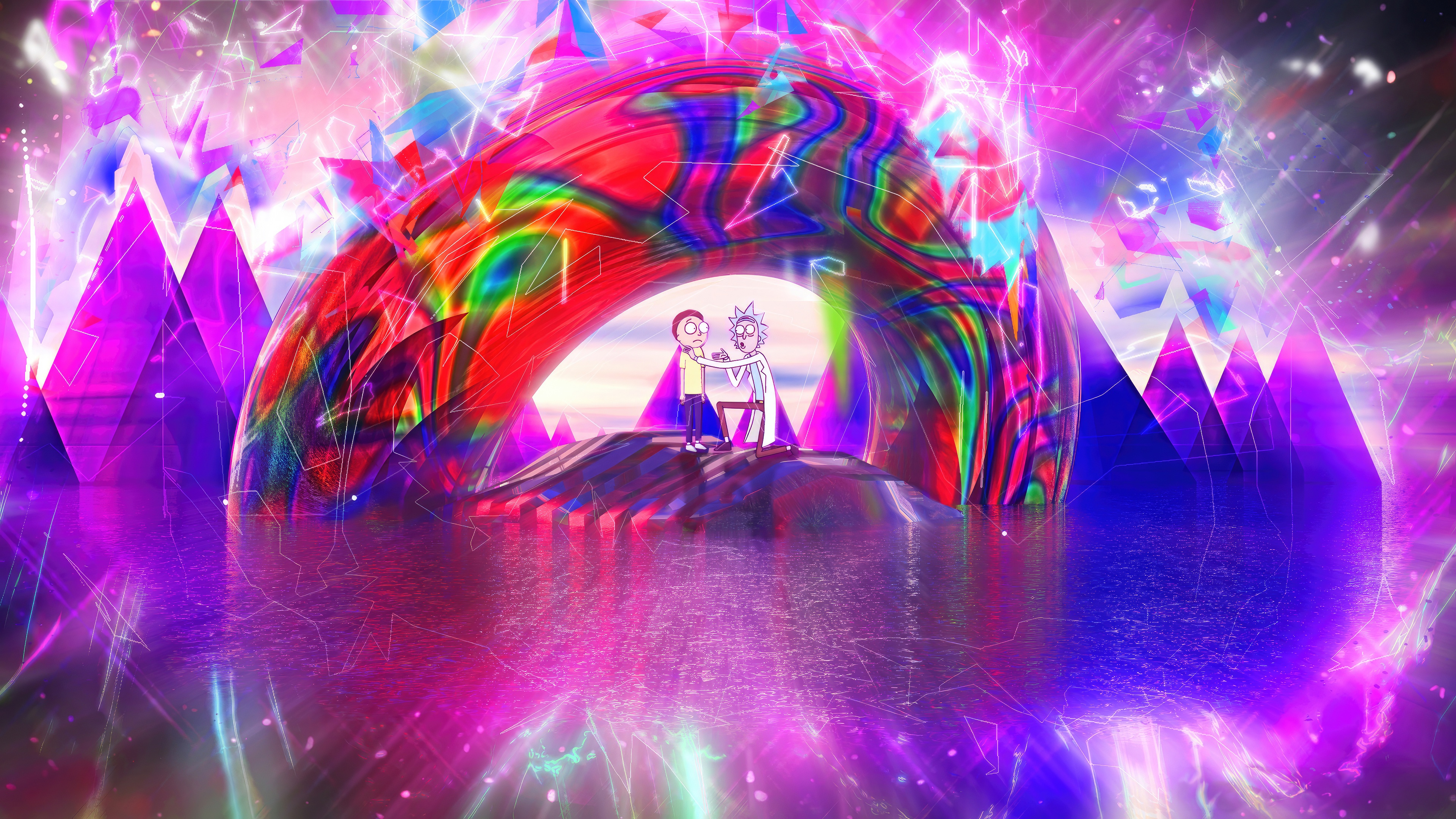 Rick and Morty in a psychedelic interdimensional landscape HD Wallpaper