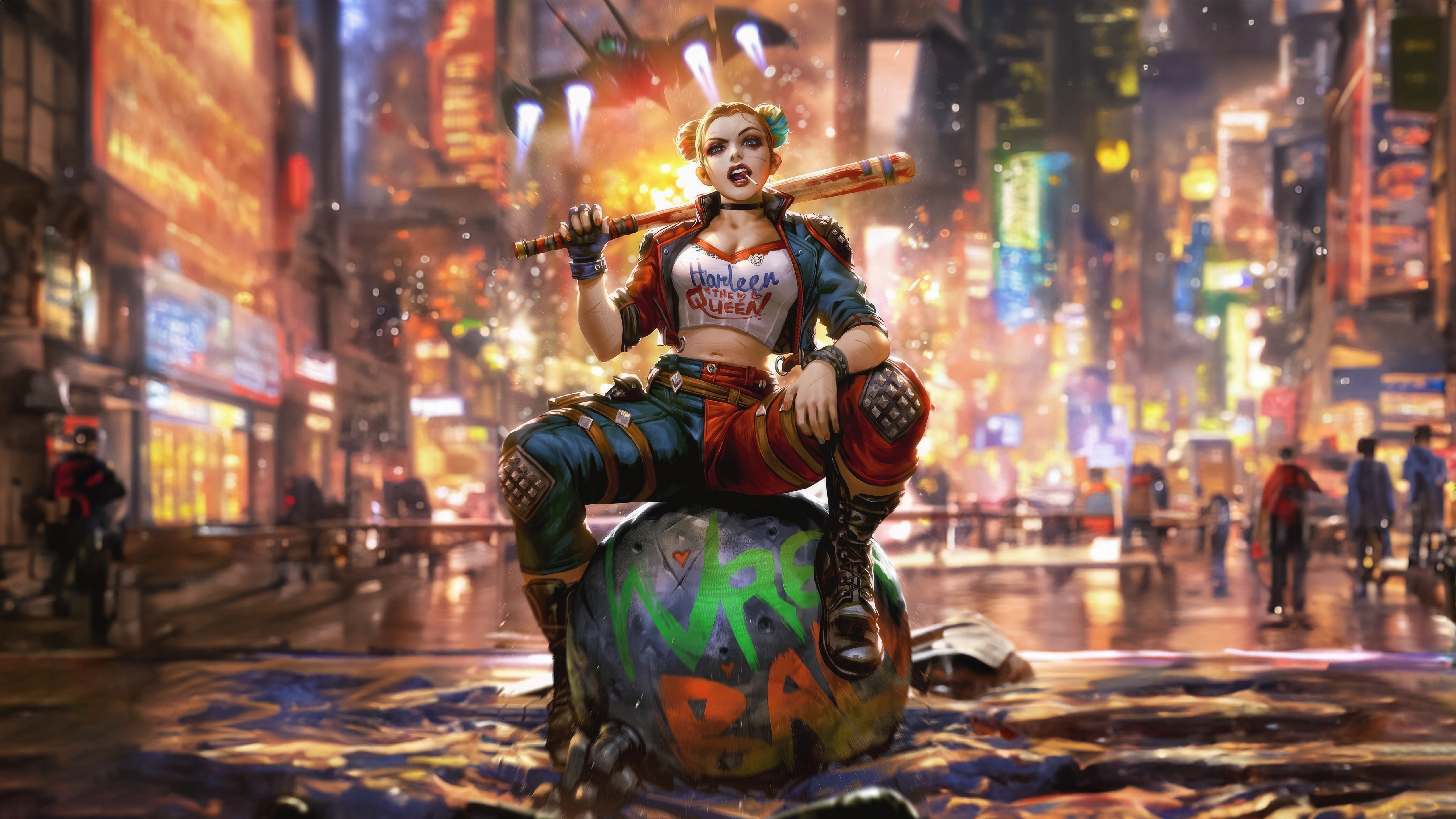 Harley Quinn sitting on a bomb in a city HD Wallpaper