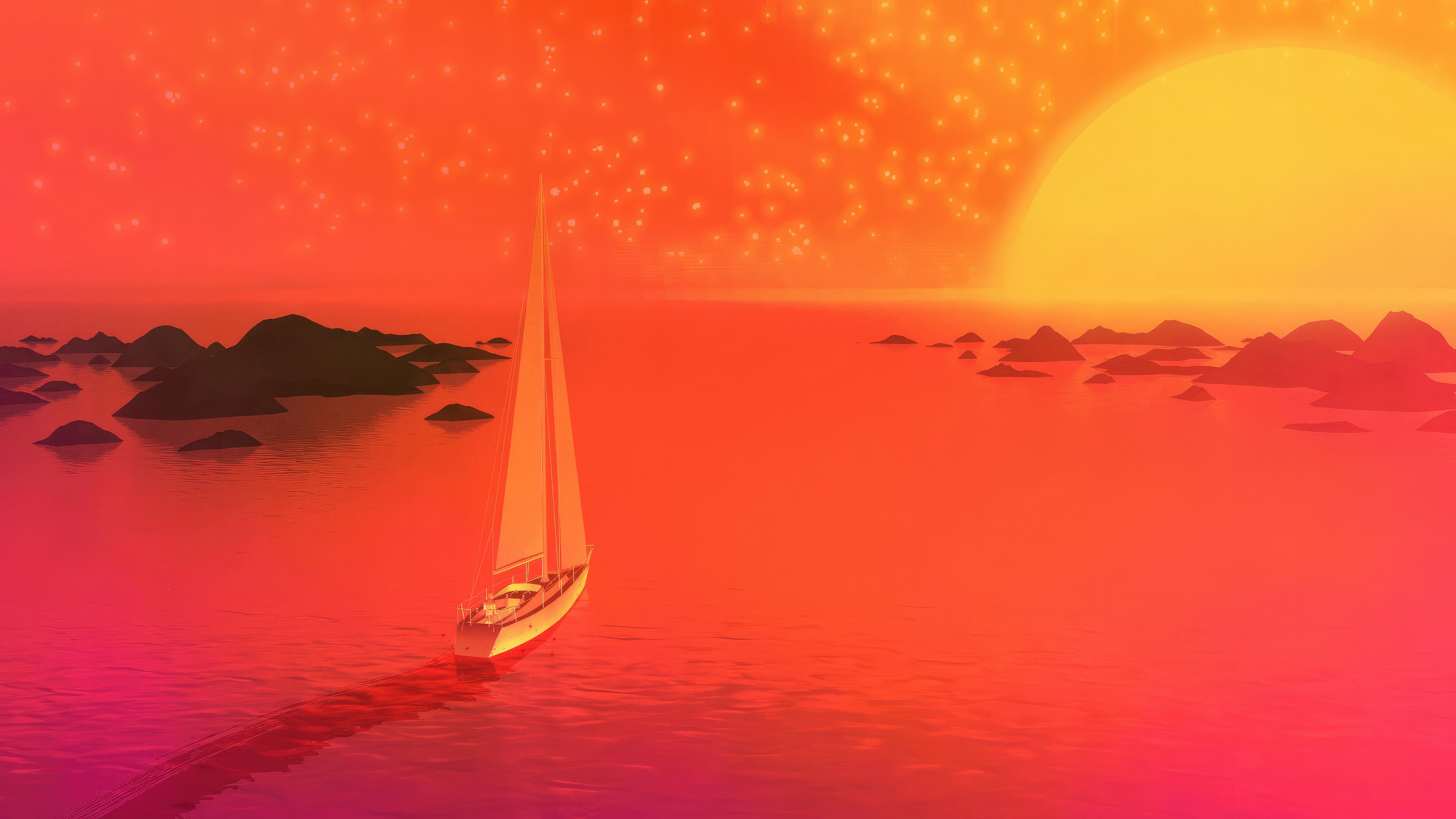 Sailboat on a calm sea at sunset with islands HD Wallpaper
