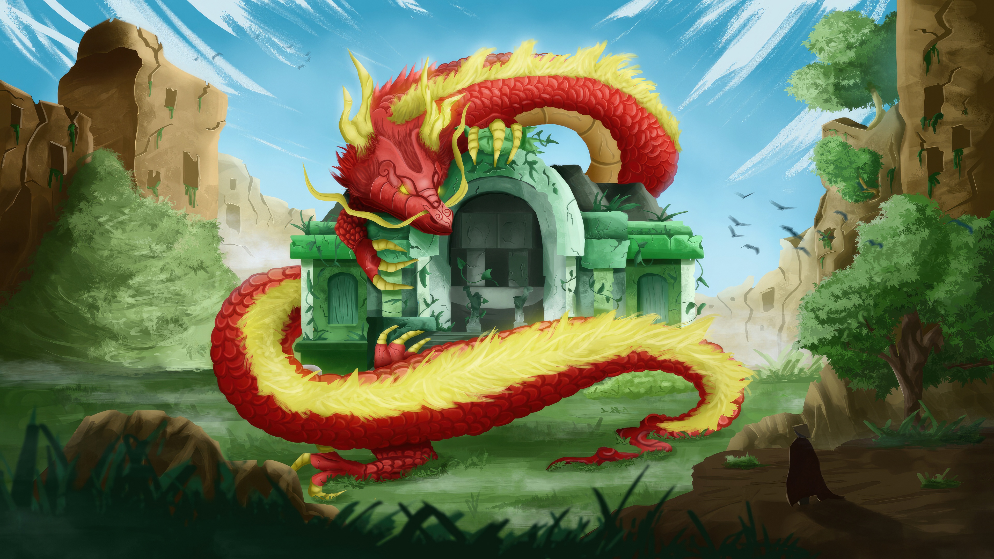 Red and yellow dragon guarding ancient ruins HD Wallpaper
