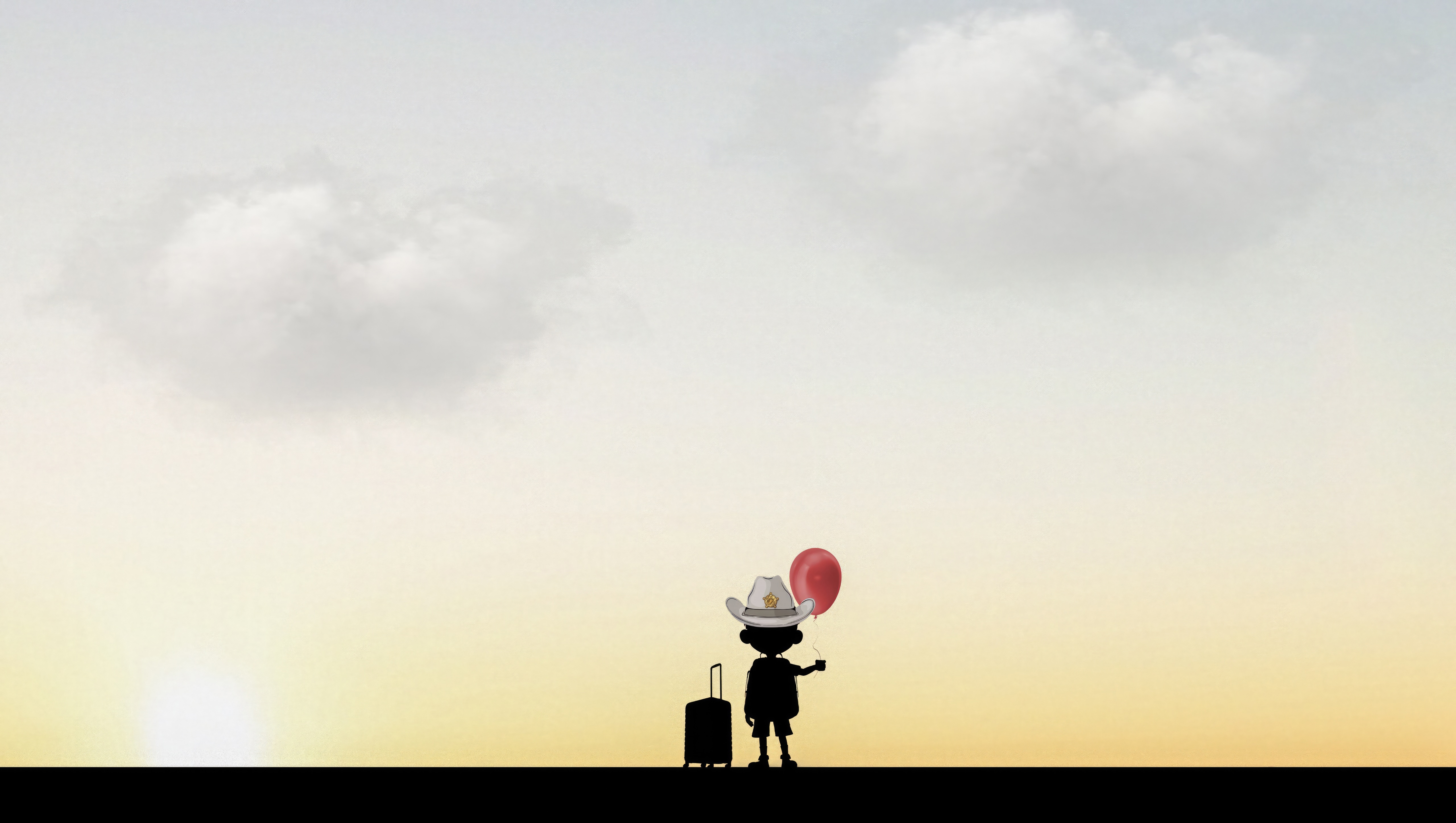 Silhouette of a boy with a balloon and suitcase HD Wallpaper