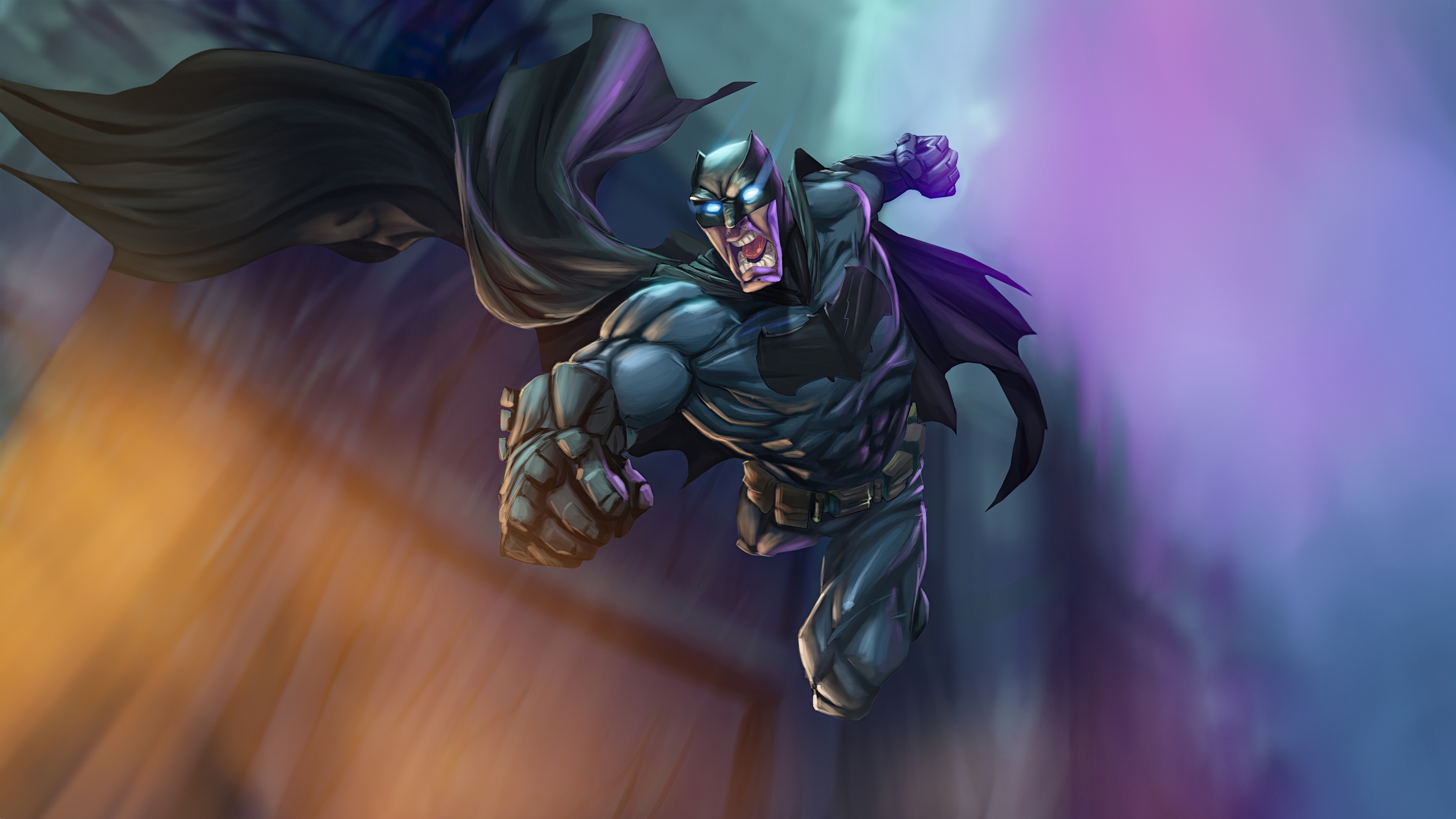 Batman in a dynamic pose with a flowing cape HD Wallpaper