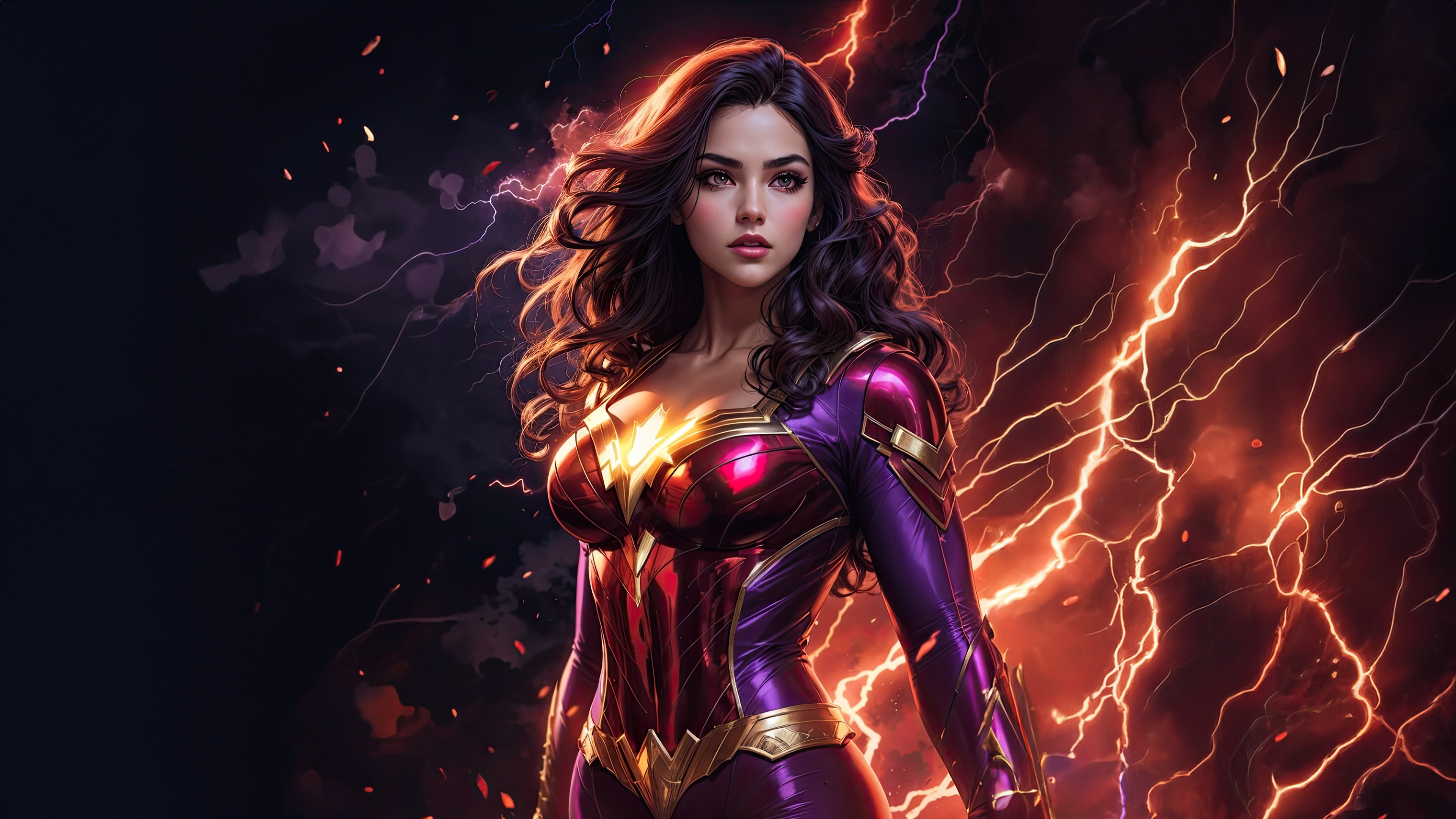 Wonder Woman in a purple and red costume with lightning background HD Wallpaper