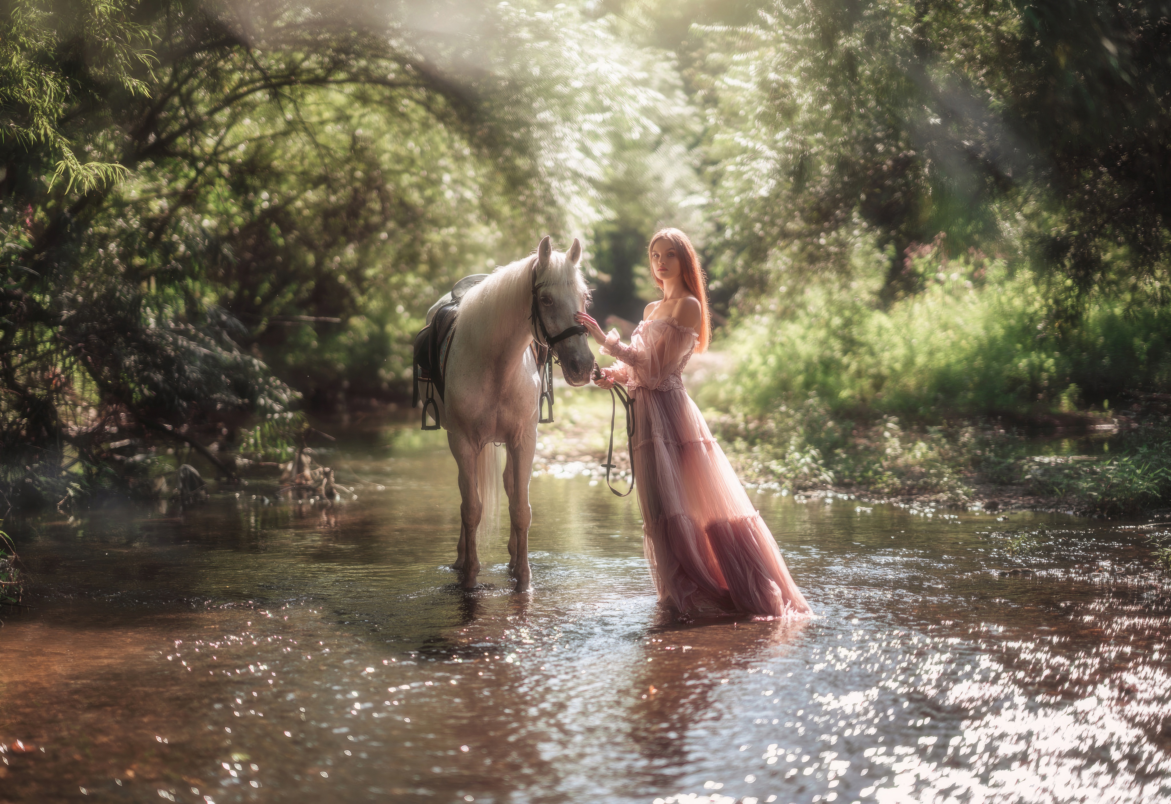 Girl and Majestic Horse in a Stream HD Wallpaper
