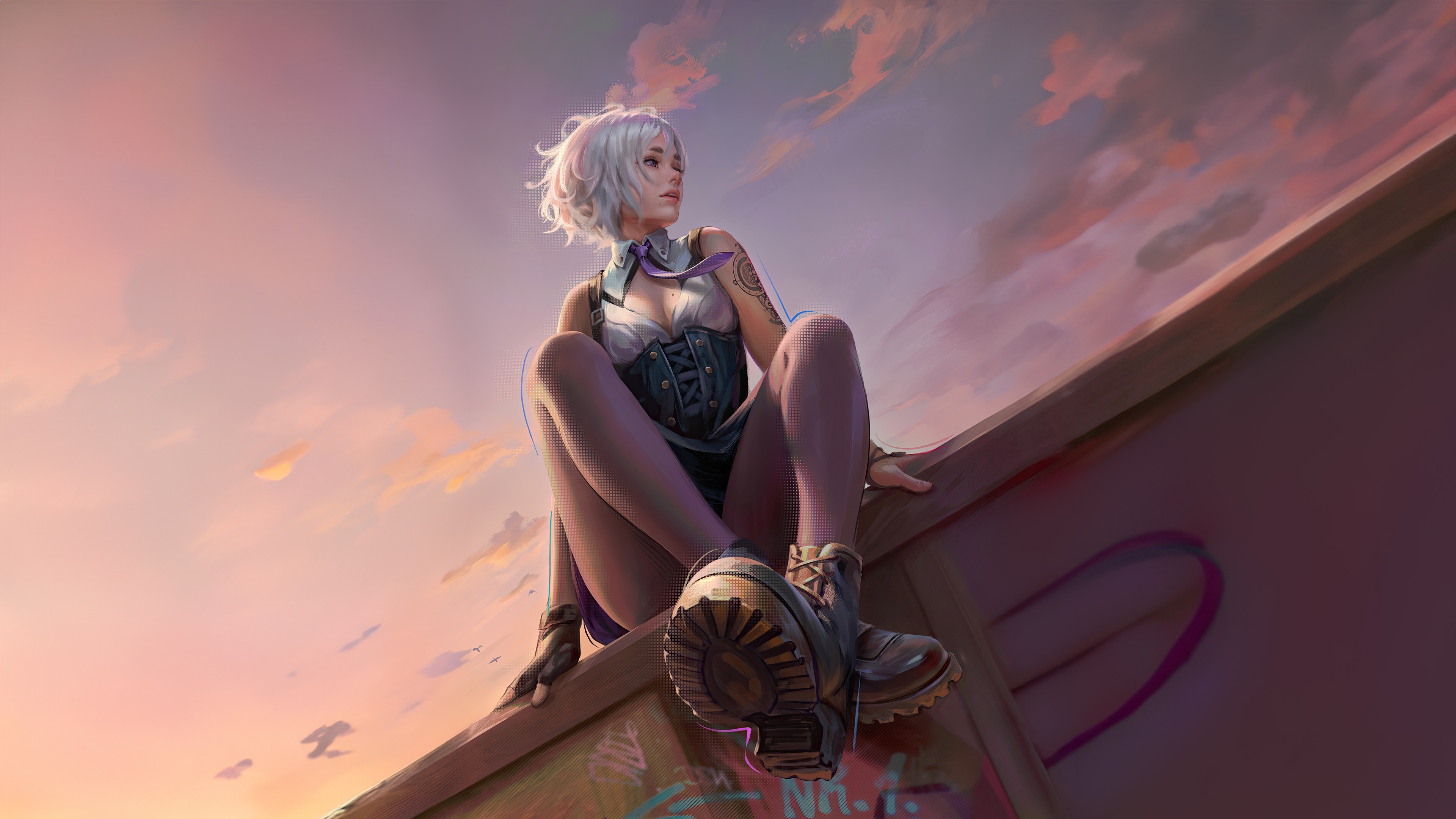 Woman sitting on a ledge at sunset HD Wallpaper