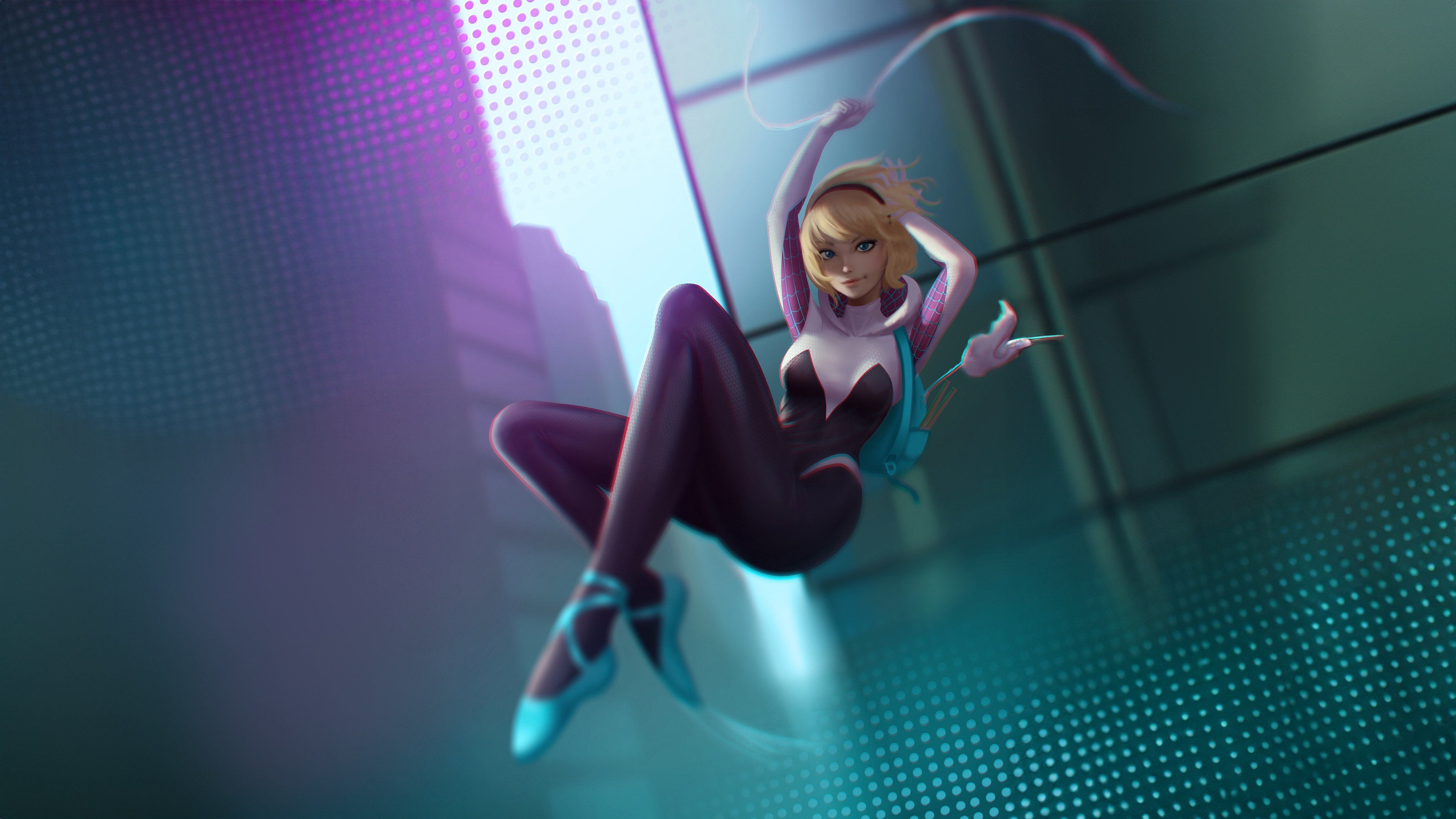 Gwen Stacy as Spider-Gwen swinging through a city HD Wallpaper