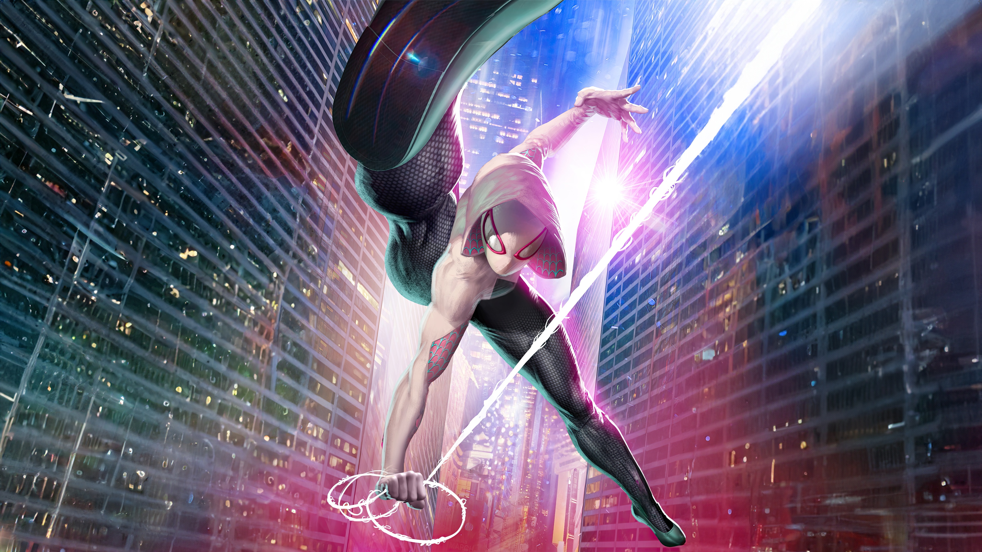 Spider-Gwen swinging through a futuristic city HD Wallpaper