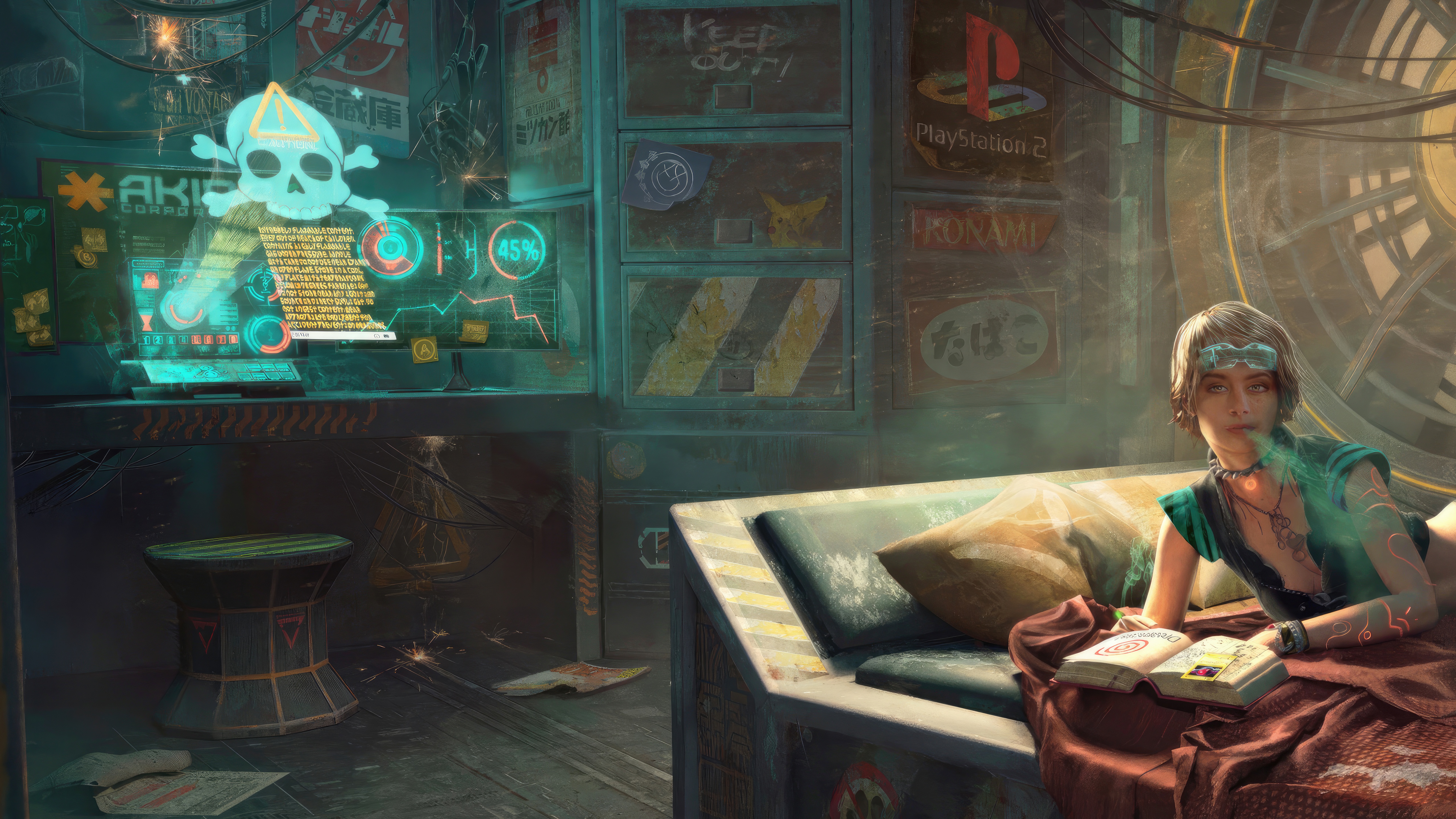 Hacker girl in a scifi city room HD Wallpaper