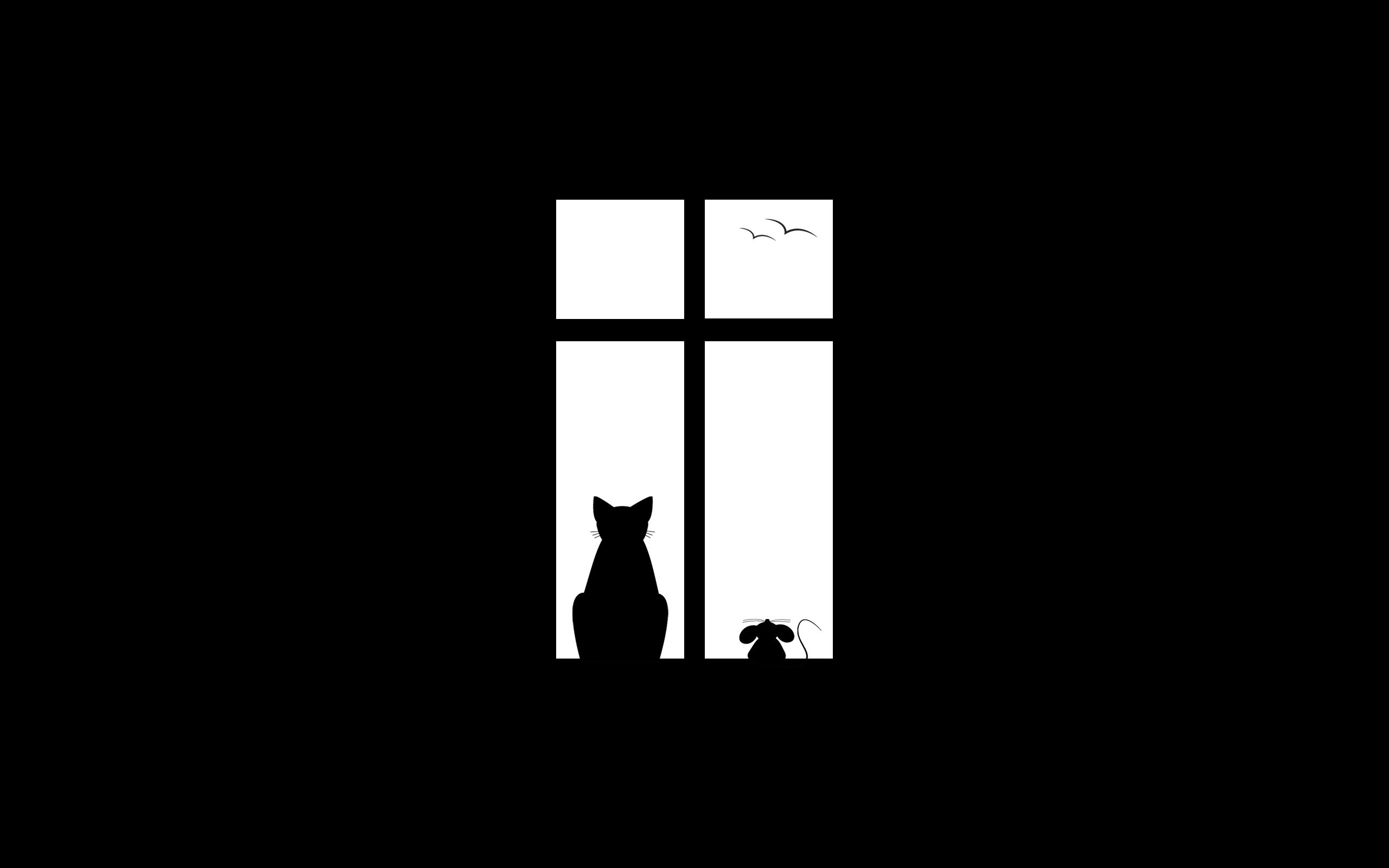 Minimalist black and white illustration of a cat and mouse by a window HD Wallpaper
