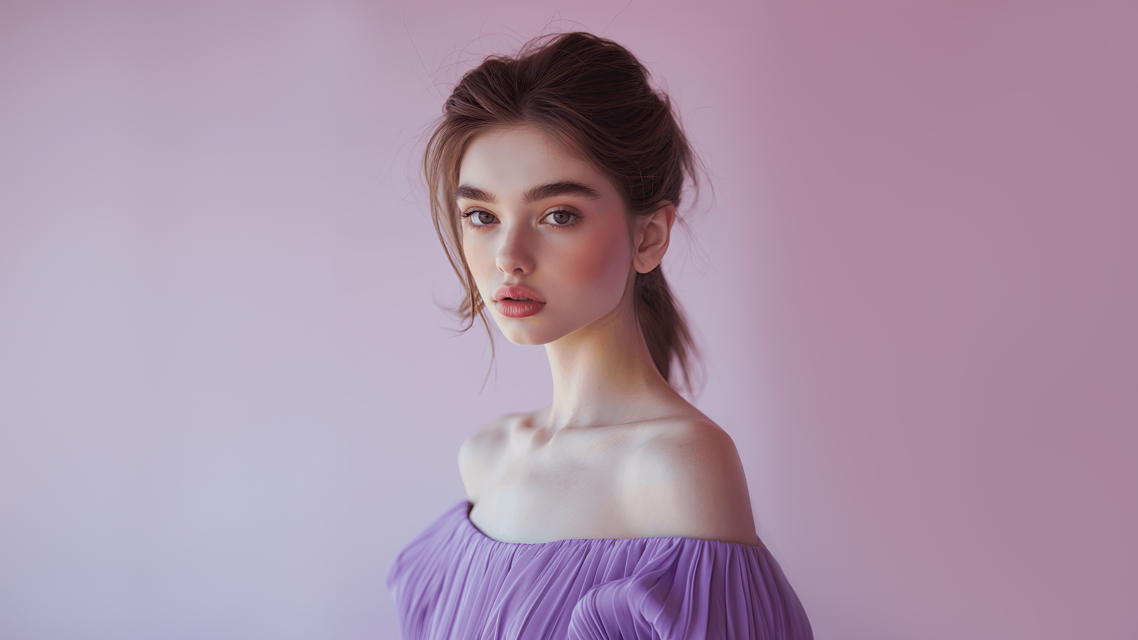 Woman with flowing brown hair in a purple dress HD Wallpaper