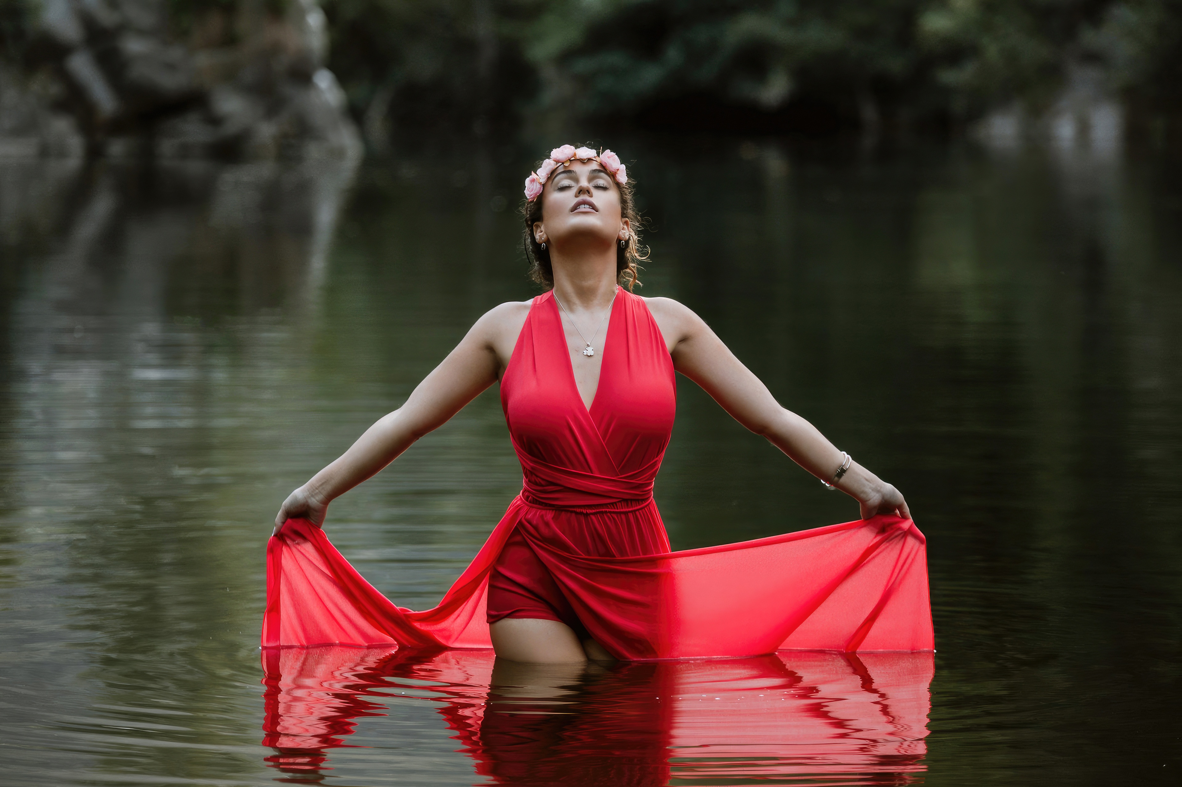 Woman in red dress standing in water HD Wallpaper
