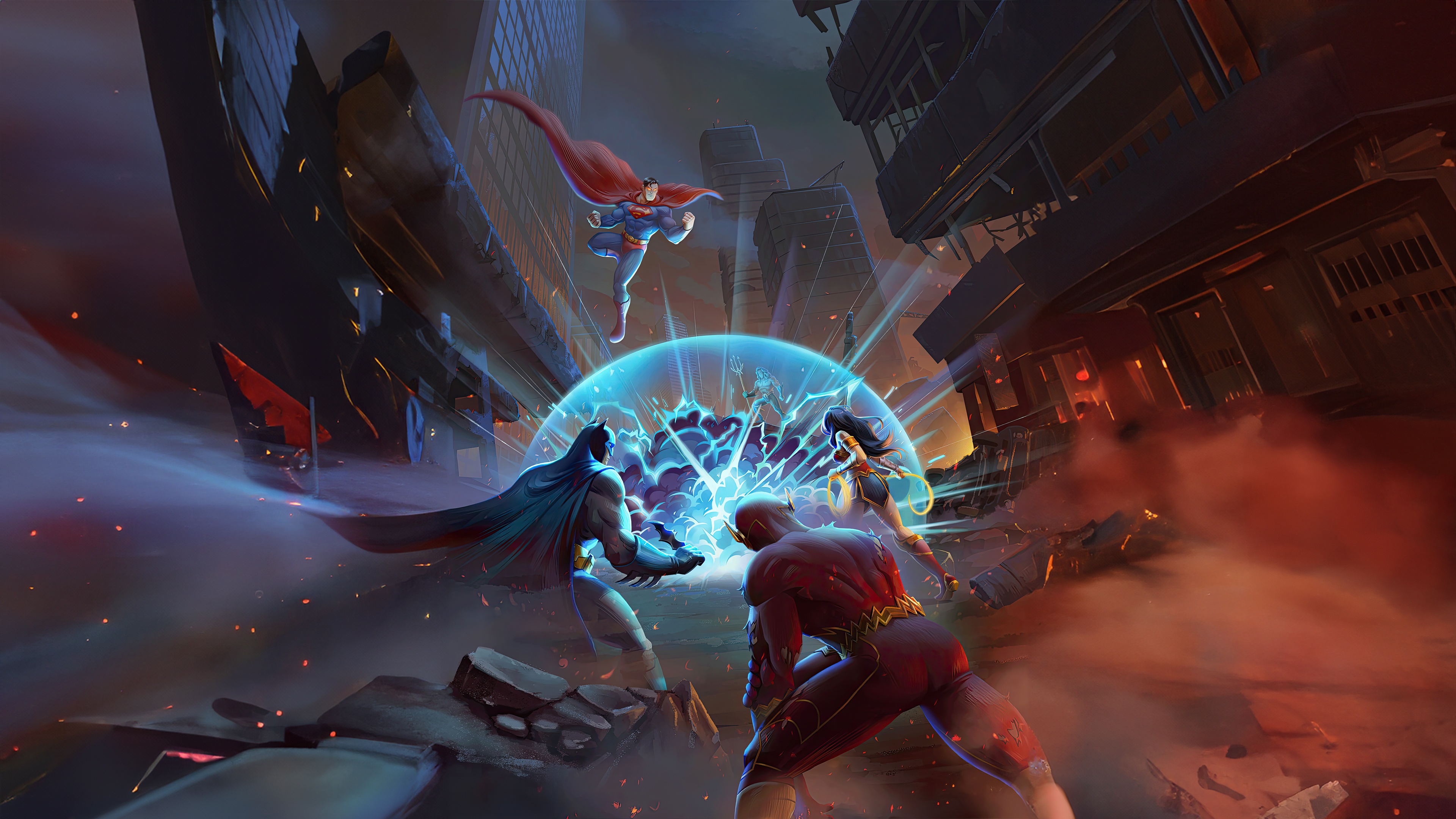 DC Heroes Battle in a Destroyed City HD Wallpaper