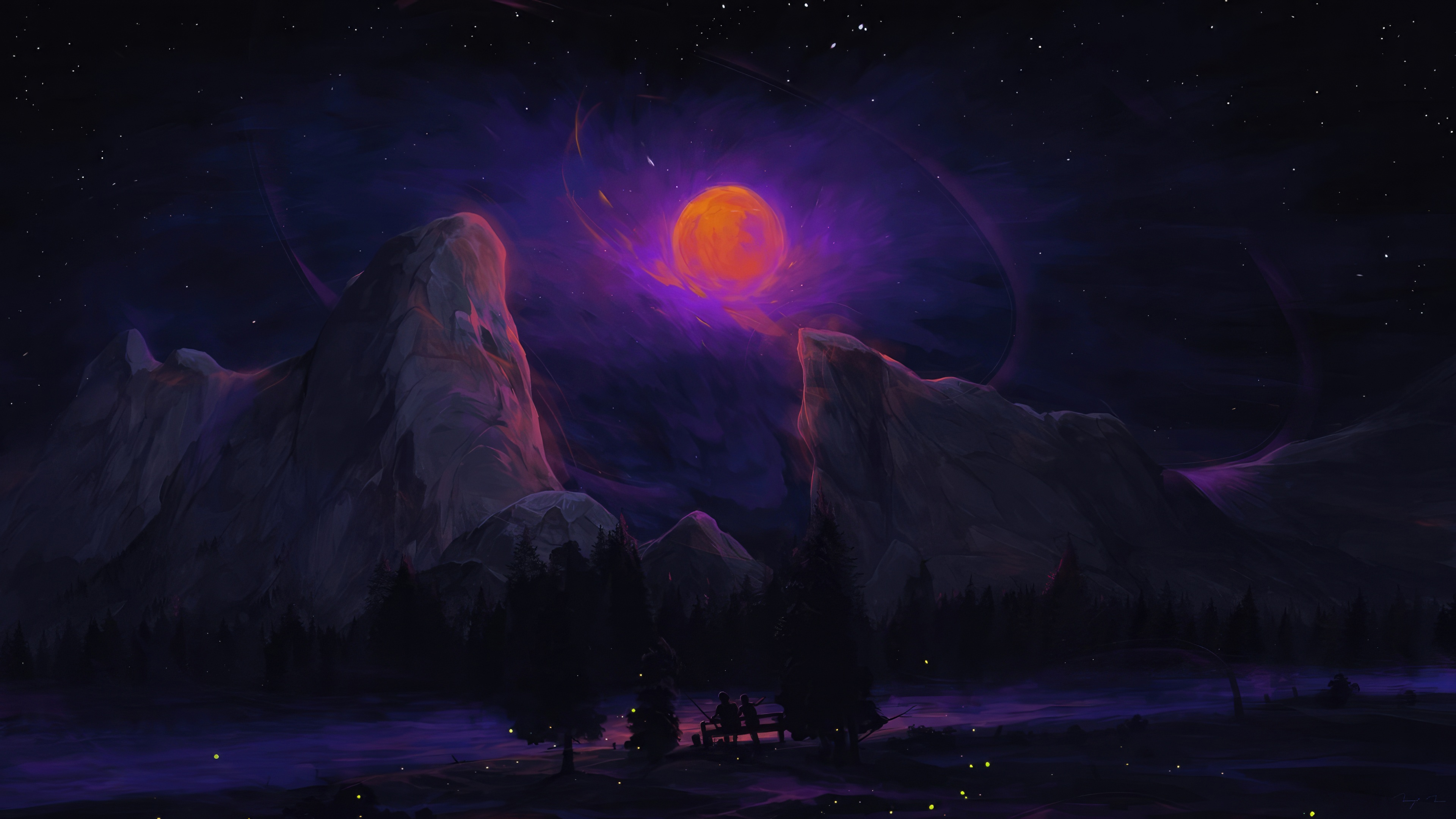 Couple sitting on bench under orange moon and purple nebula HD Wallpaper