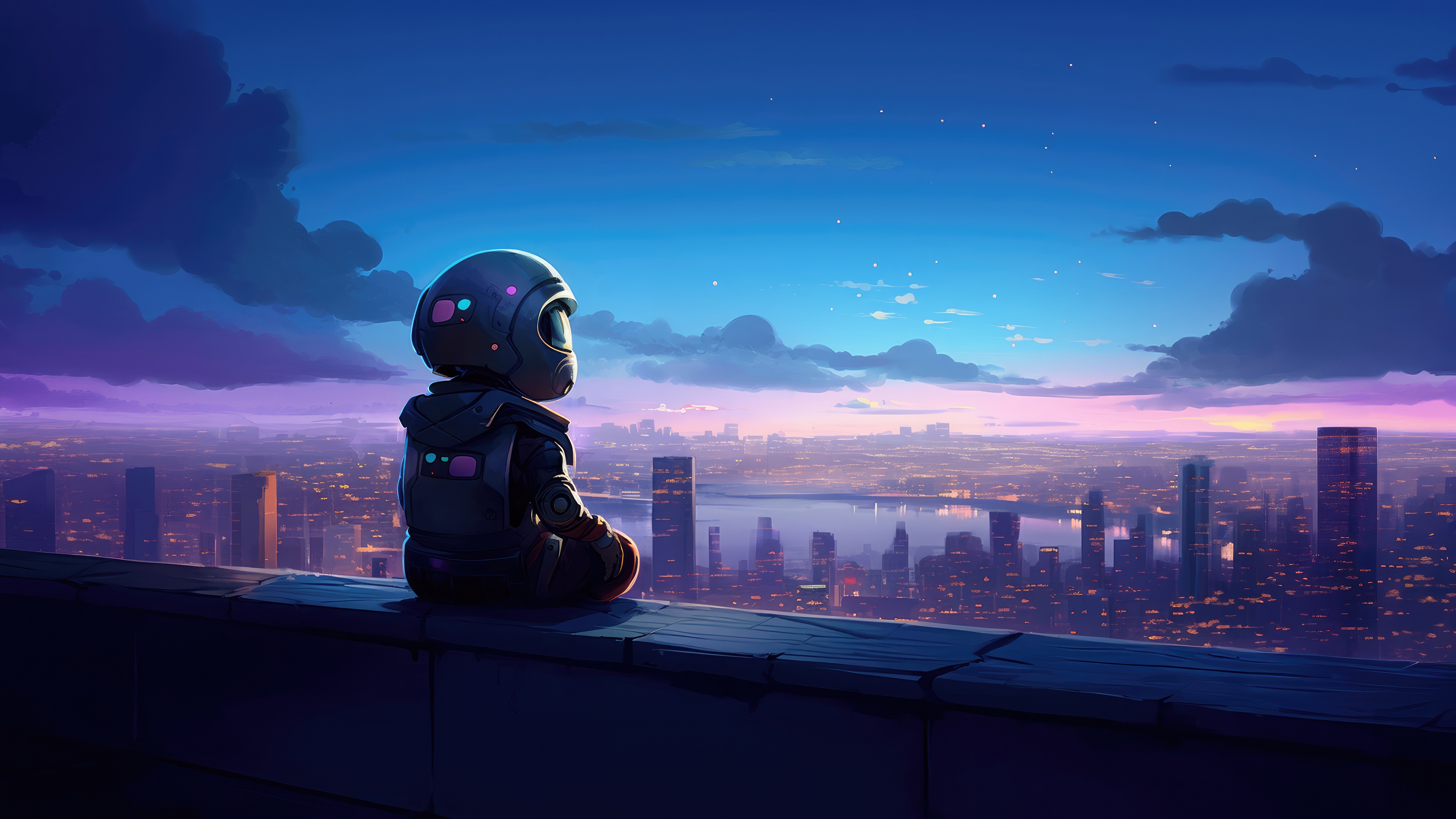 The Little Astronaut sits on a rooftop overlooking a city at dusk HD Wallpaper