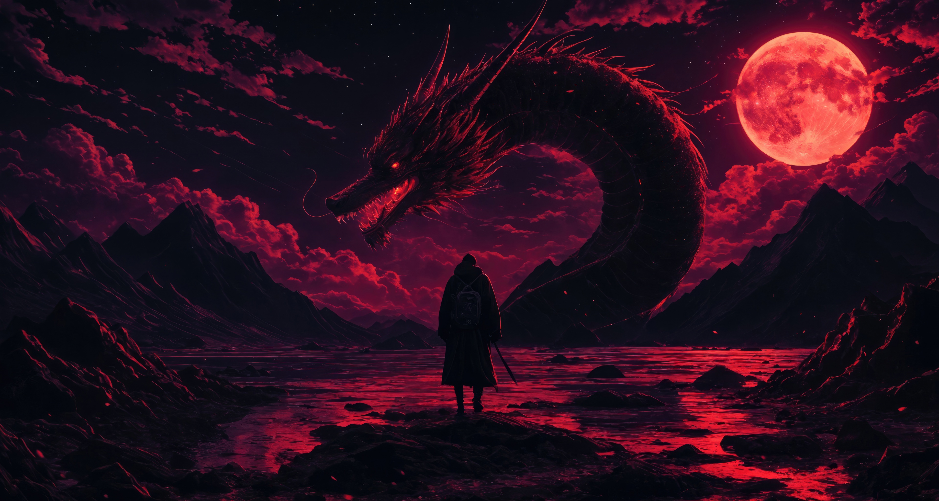 A lone figure faces a giant dragon under a red moon HD Wallpaper