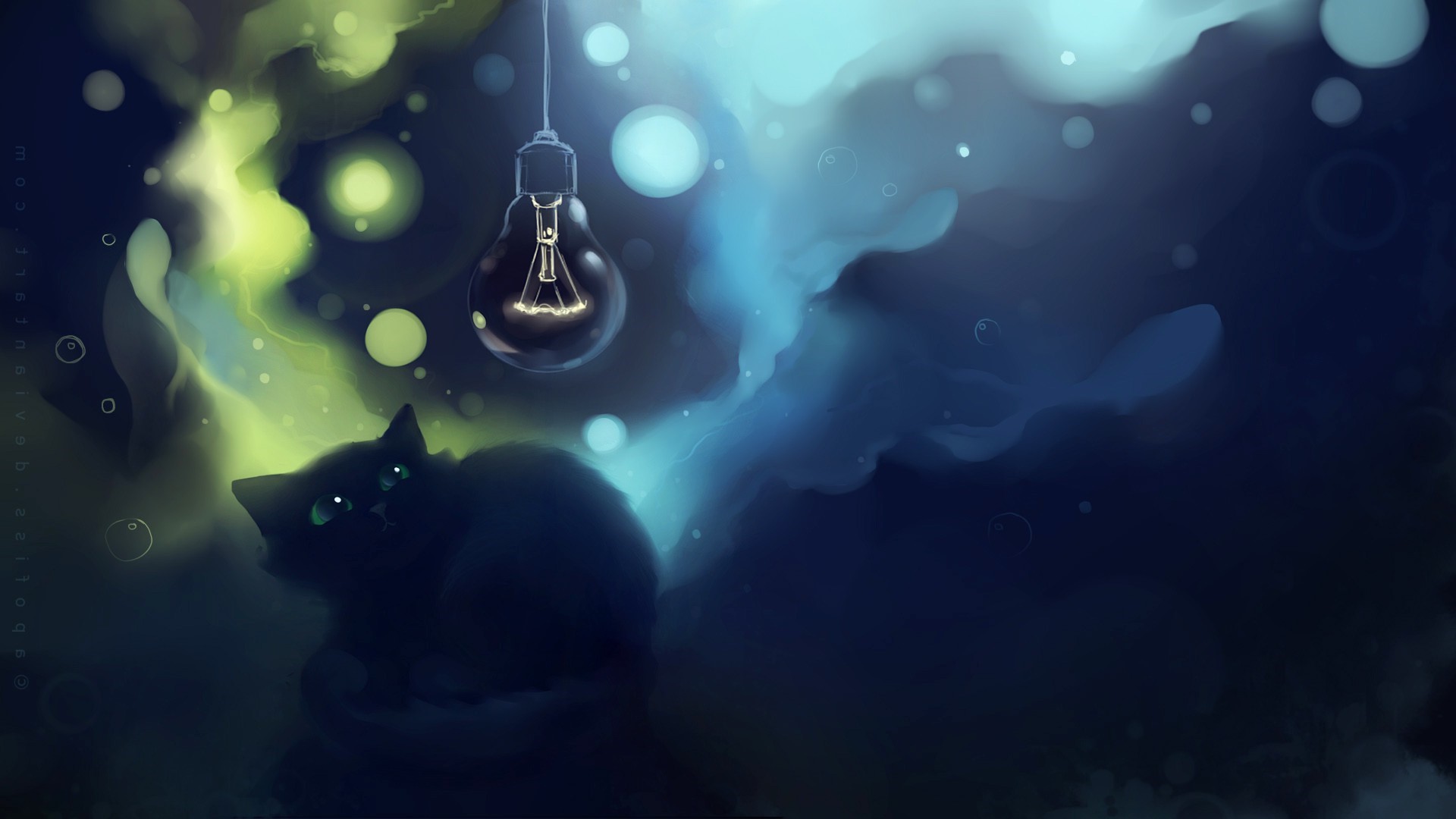 Black cat under a light bulb with glowing smoke HD Wallpaper