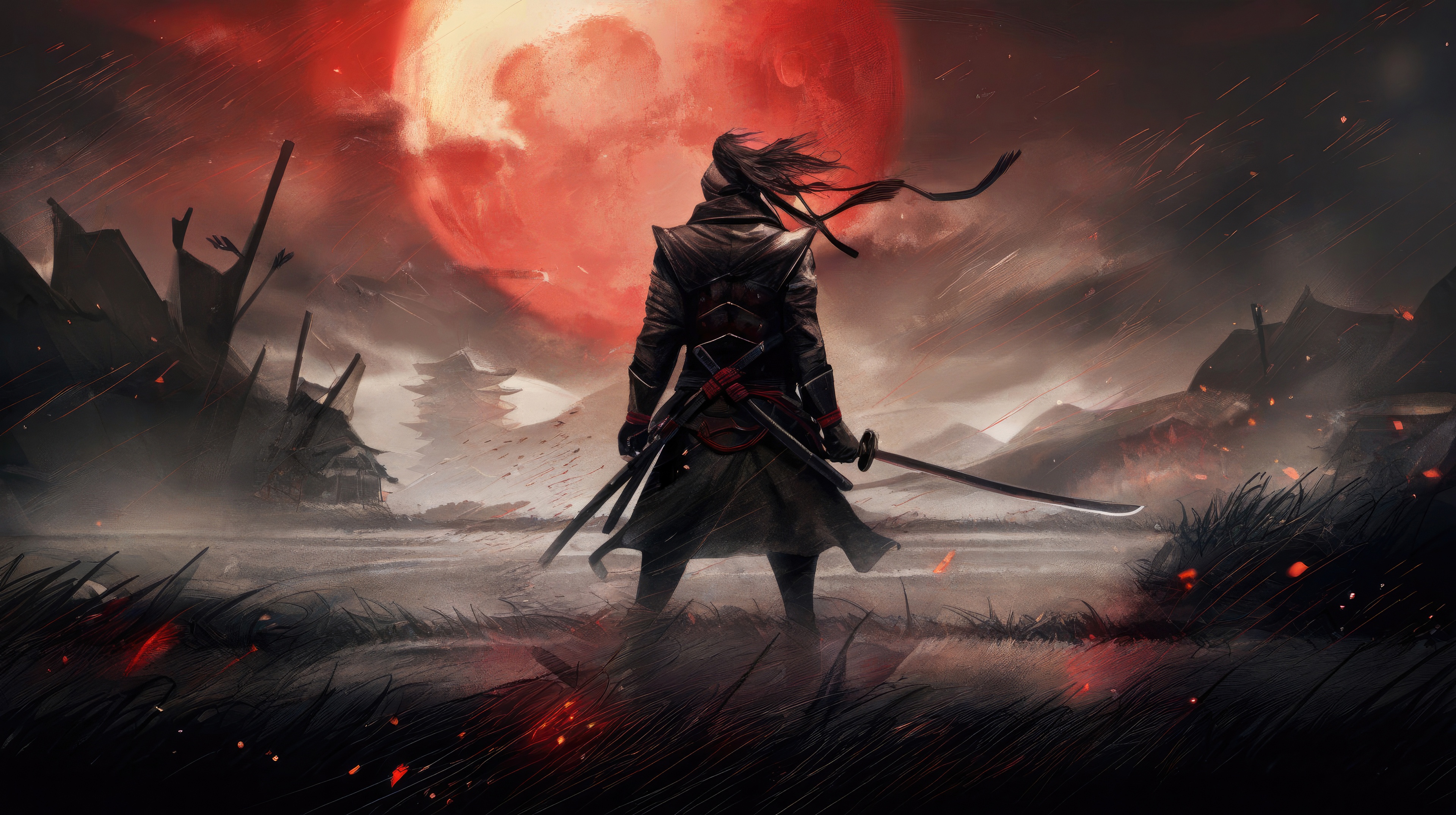 A Lone Samurai Under a Blood Moon HD Wallpaper