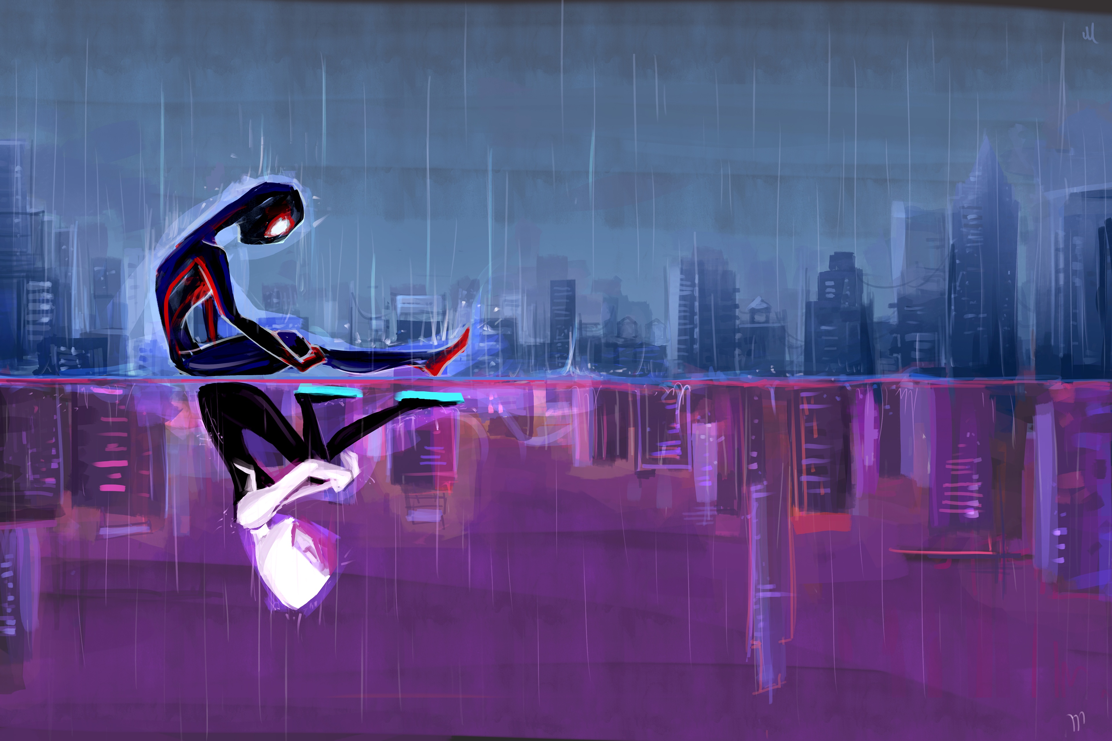 Spider-Man and Spider-Gwen in the rain HD Wallpaper