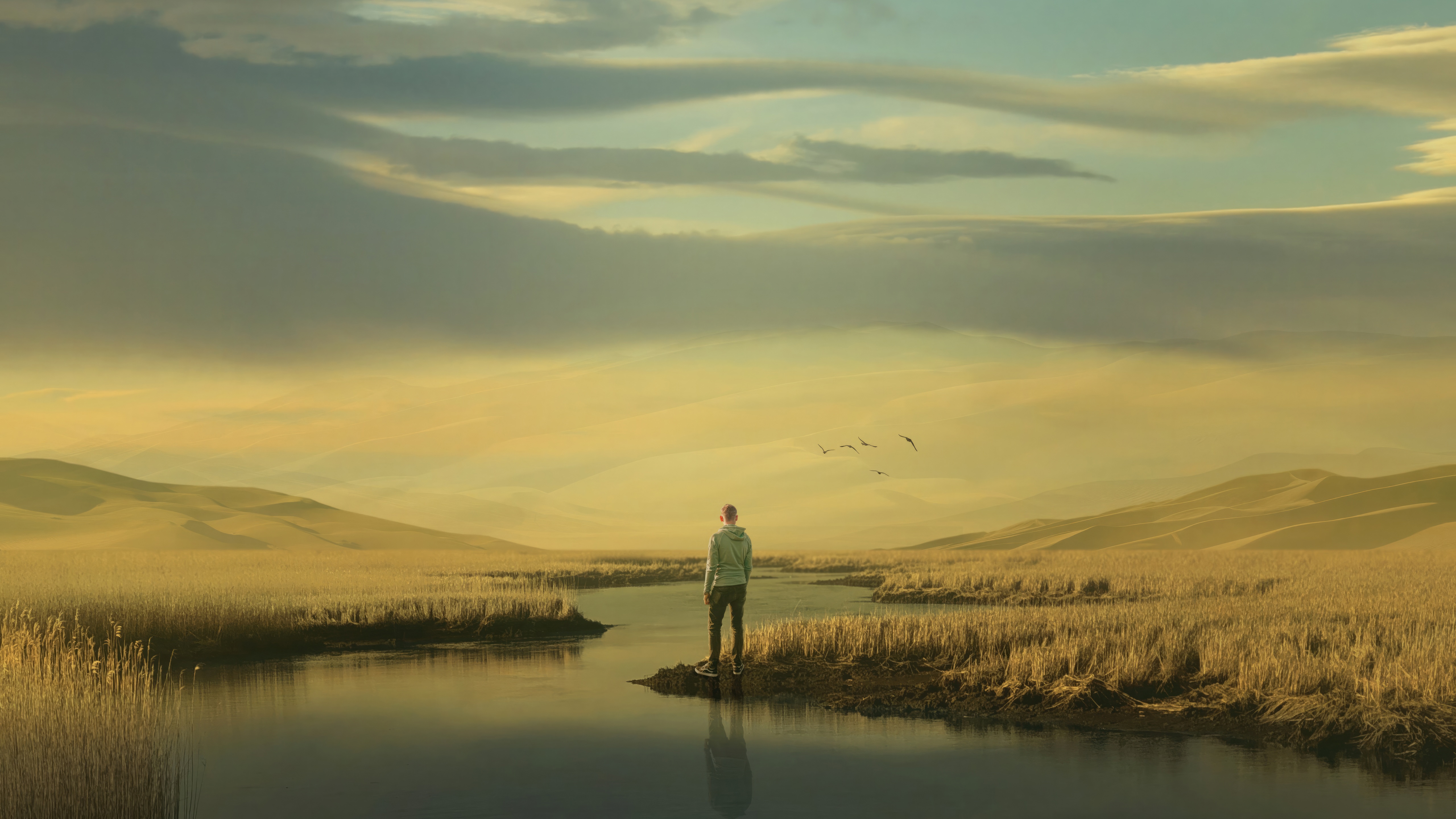 A person stands by a river in a vast landscape HD Wallpaper