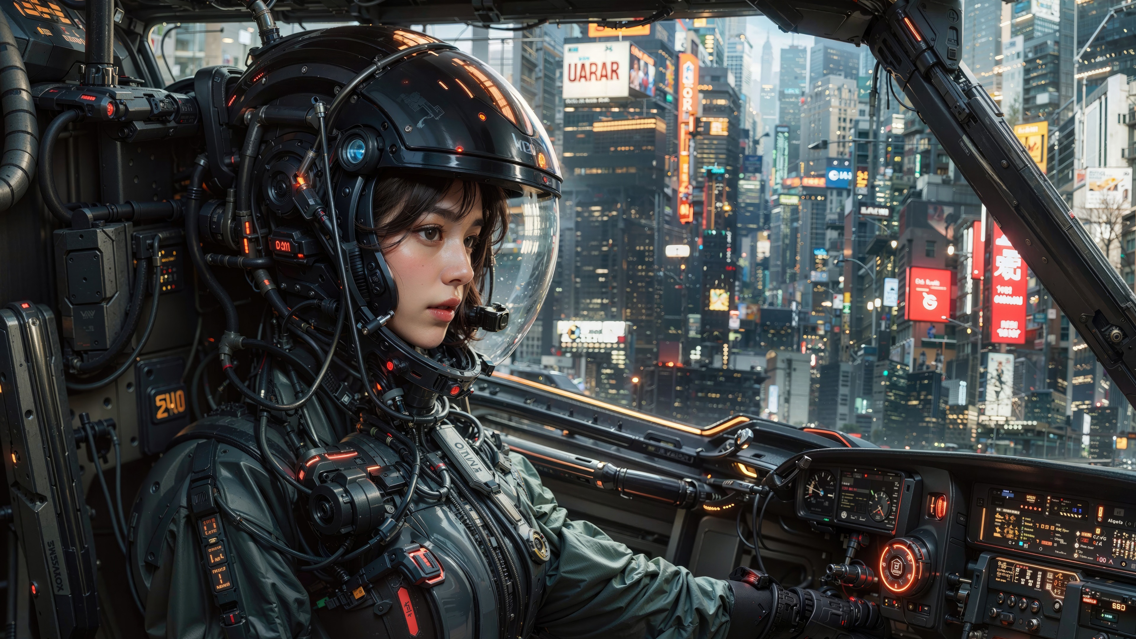 Pilot Girl in Futuristic City Cockpit HD Wallpaper