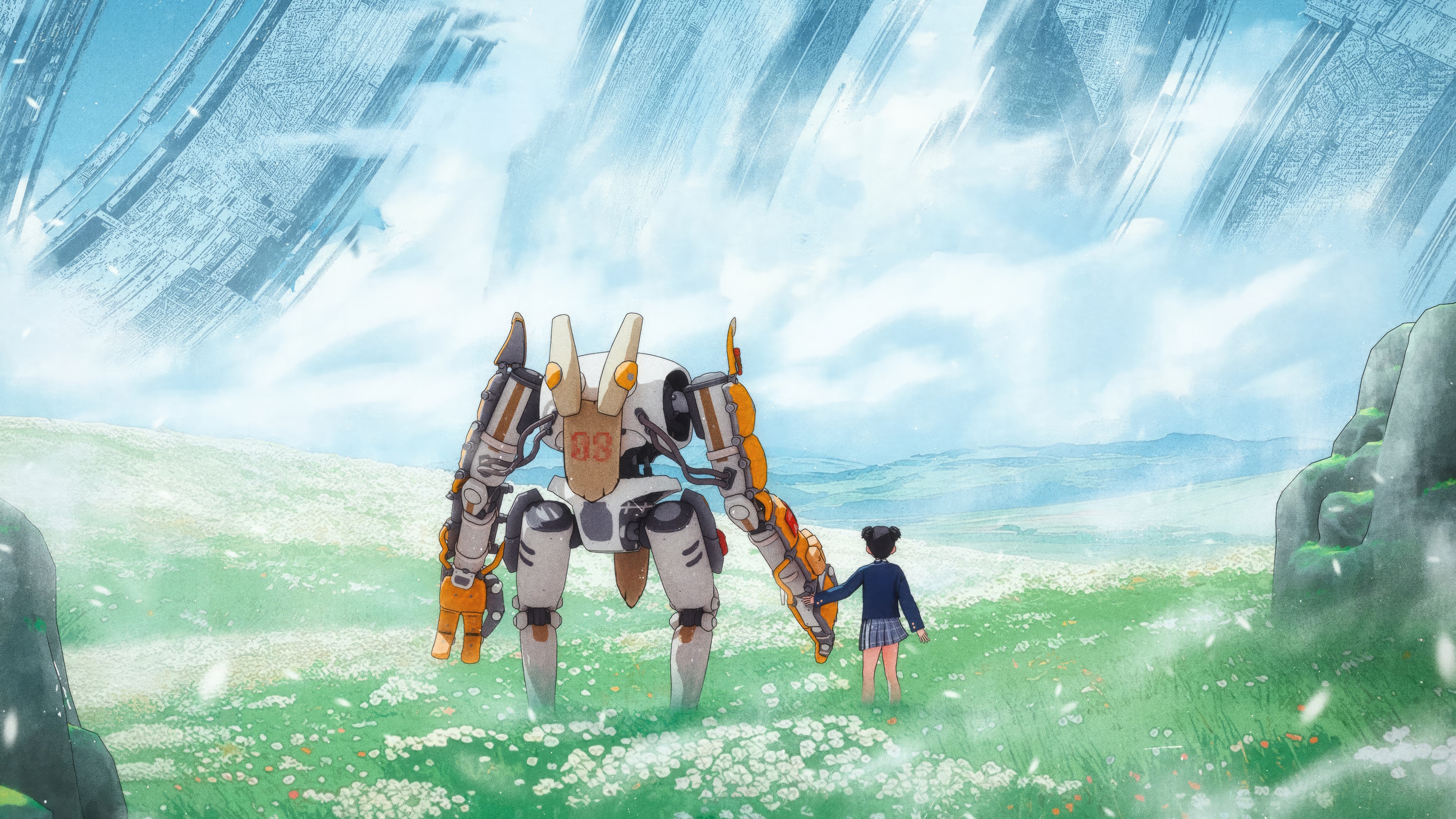 A girl and a robot in a field HD Wallpaper