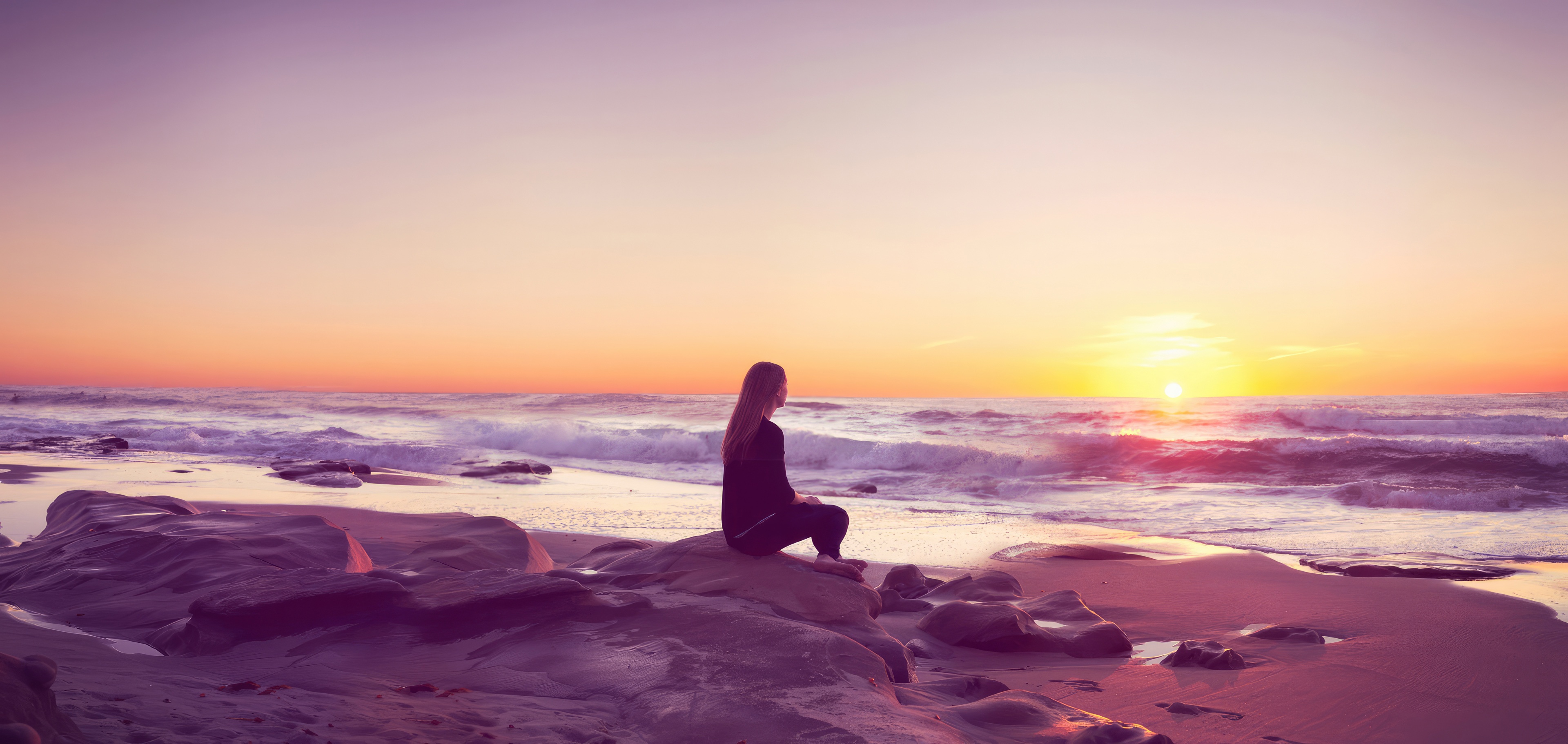 Woman sitting on rocks watching the sunset over the sea HD Wallpaper