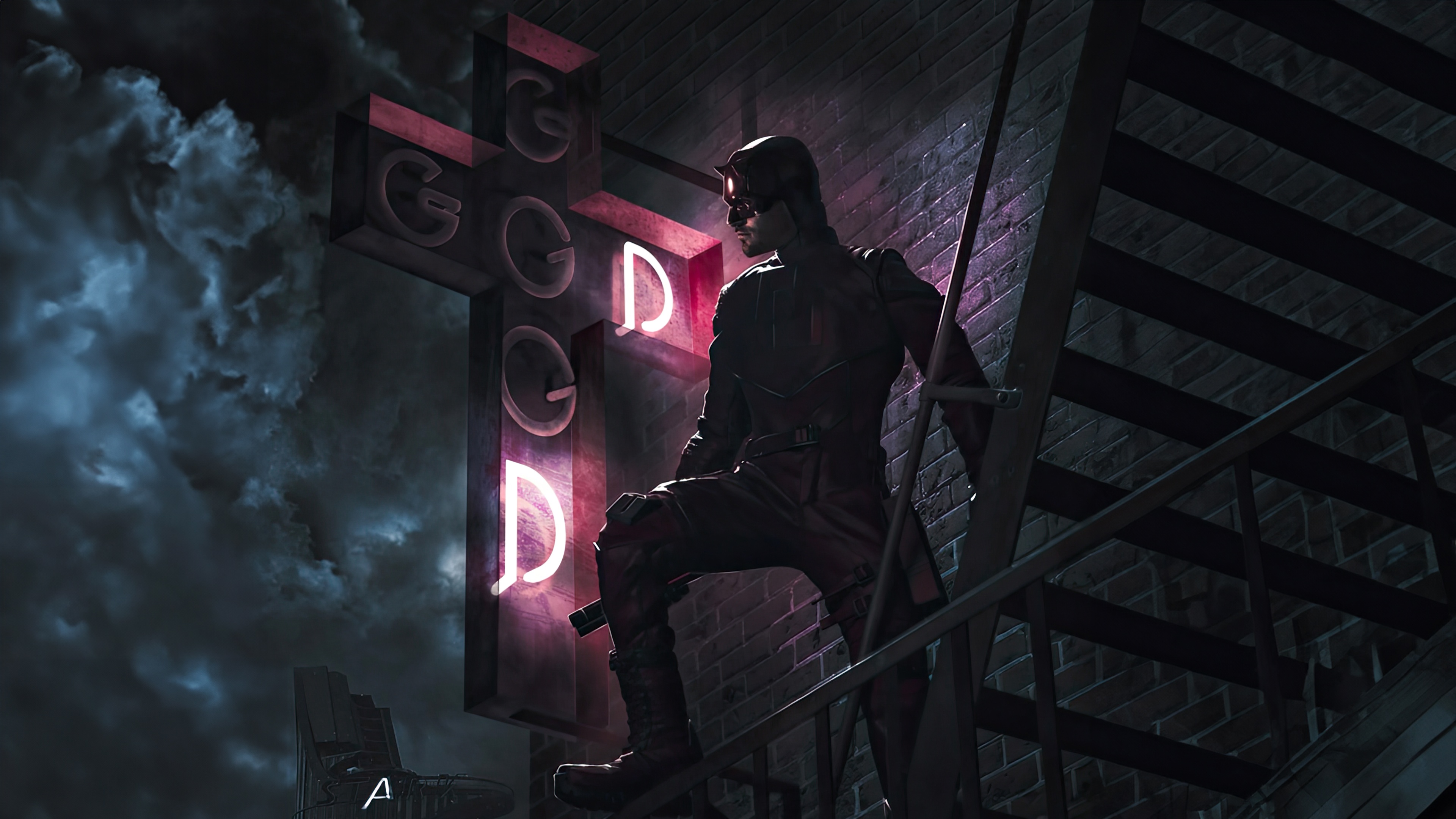 Daredevil on a fire escape at night HD Wallpaper