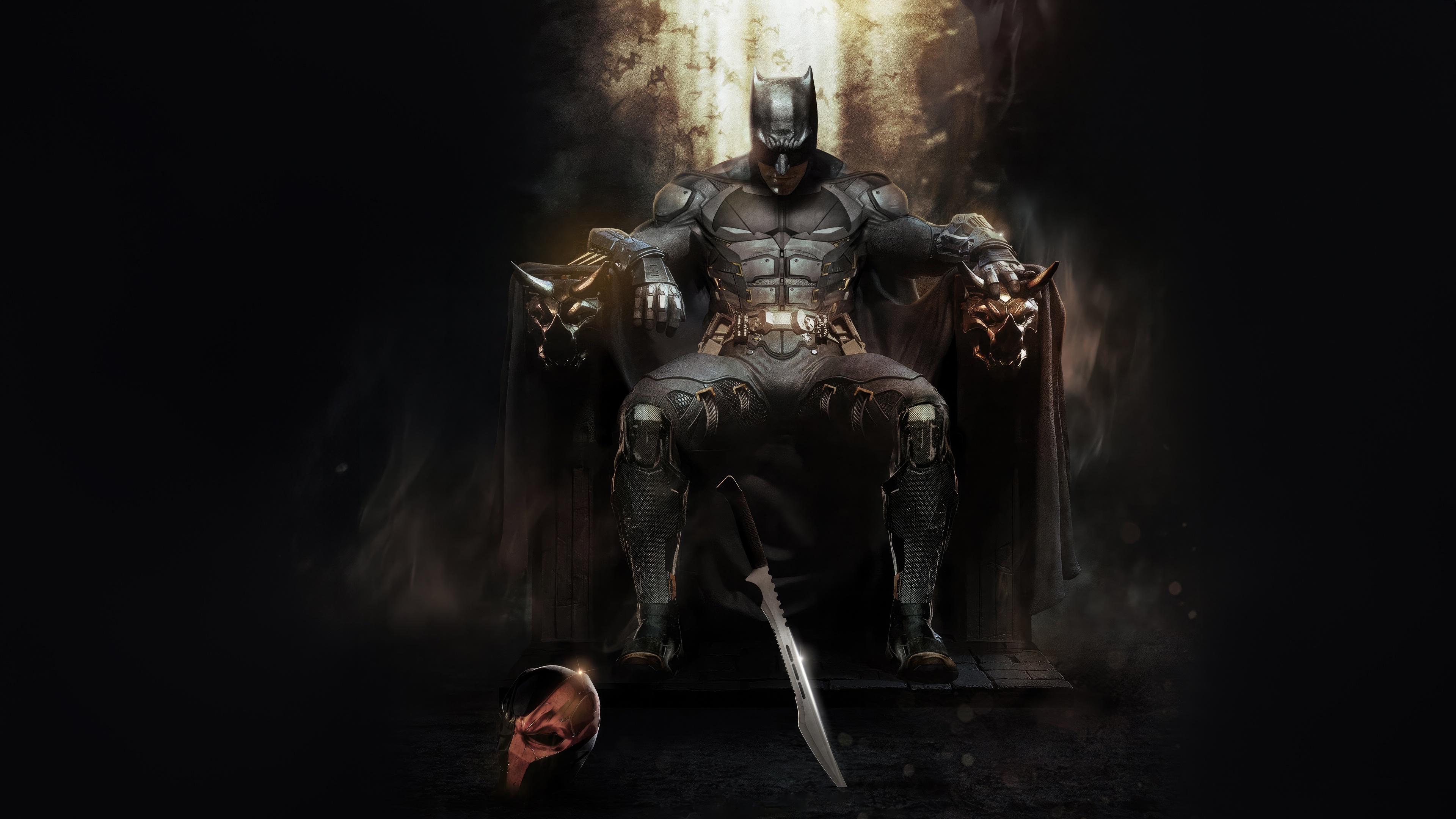 Batman sits on a throne with a mask and sword HD Wallpaper