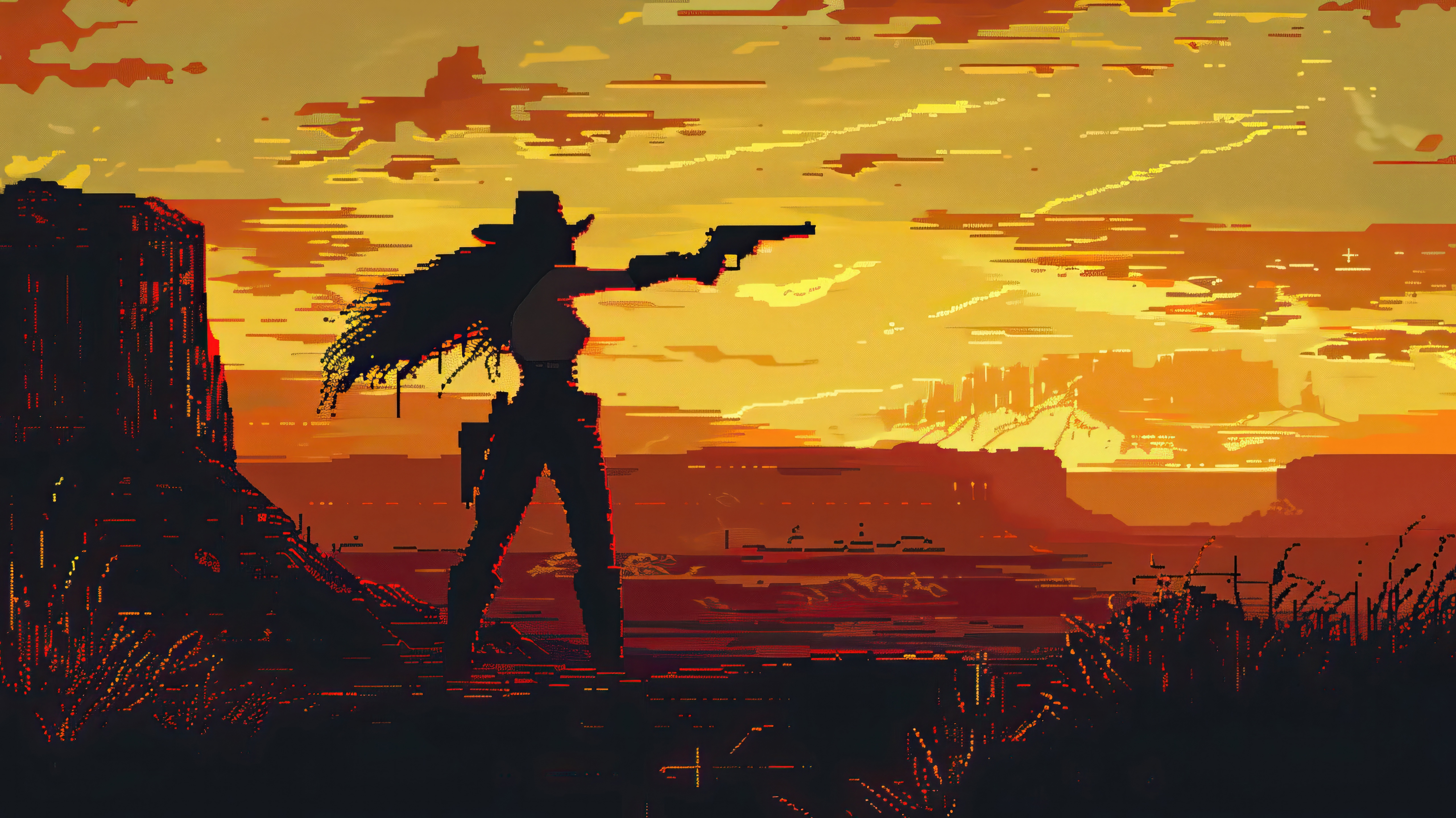 Pixel Art Cowgirl Shooting Gun at Sunset HD Wallpaper