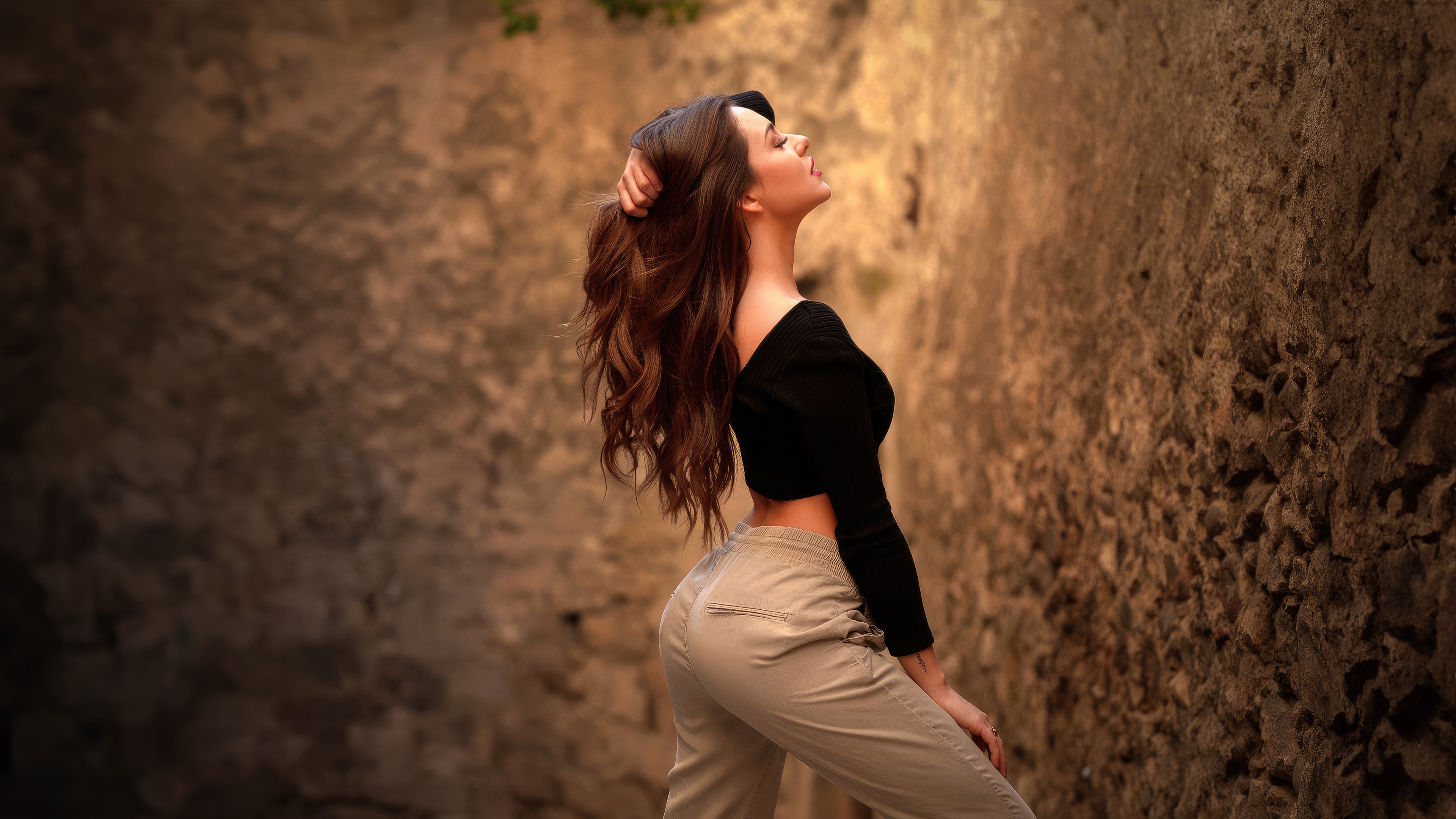 Woman with long brown hair touching her hair HD Wallpaper