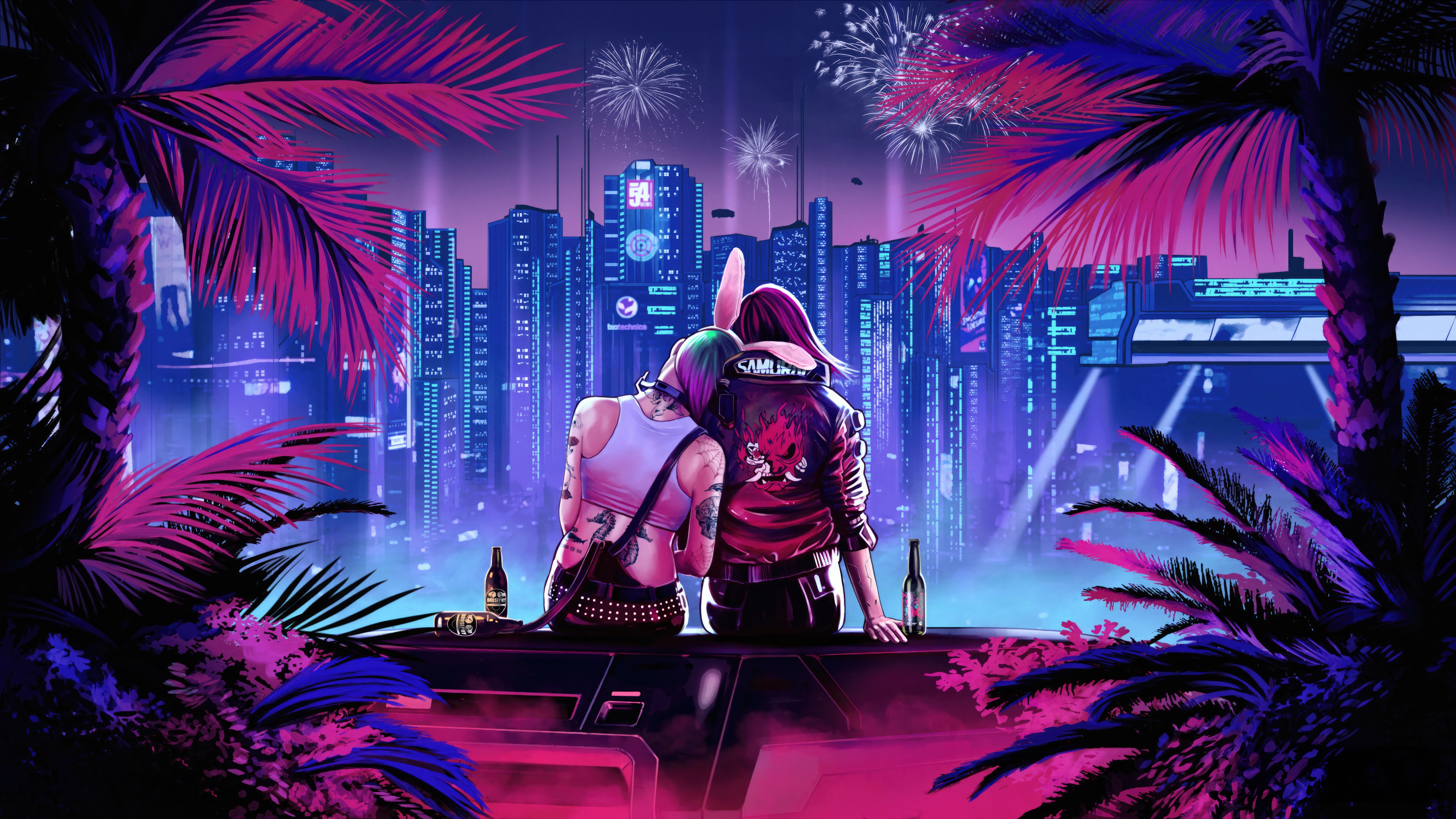 Cyberpunk 2077 Game Couple Watching Fireworks HD Wallpaper