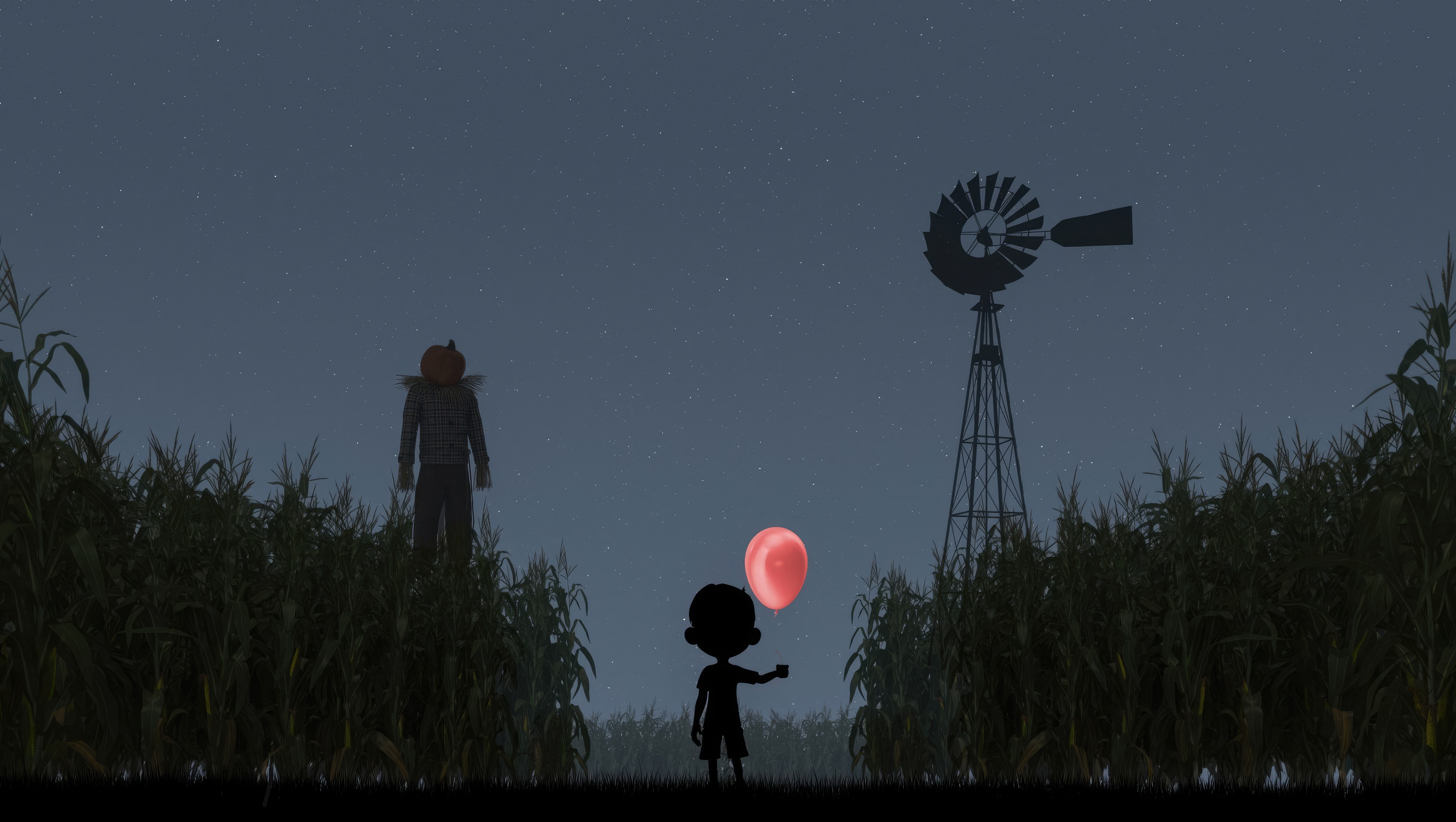 Silhouette of a boy with a red balloon in a cornfield at night HD Wallpaper