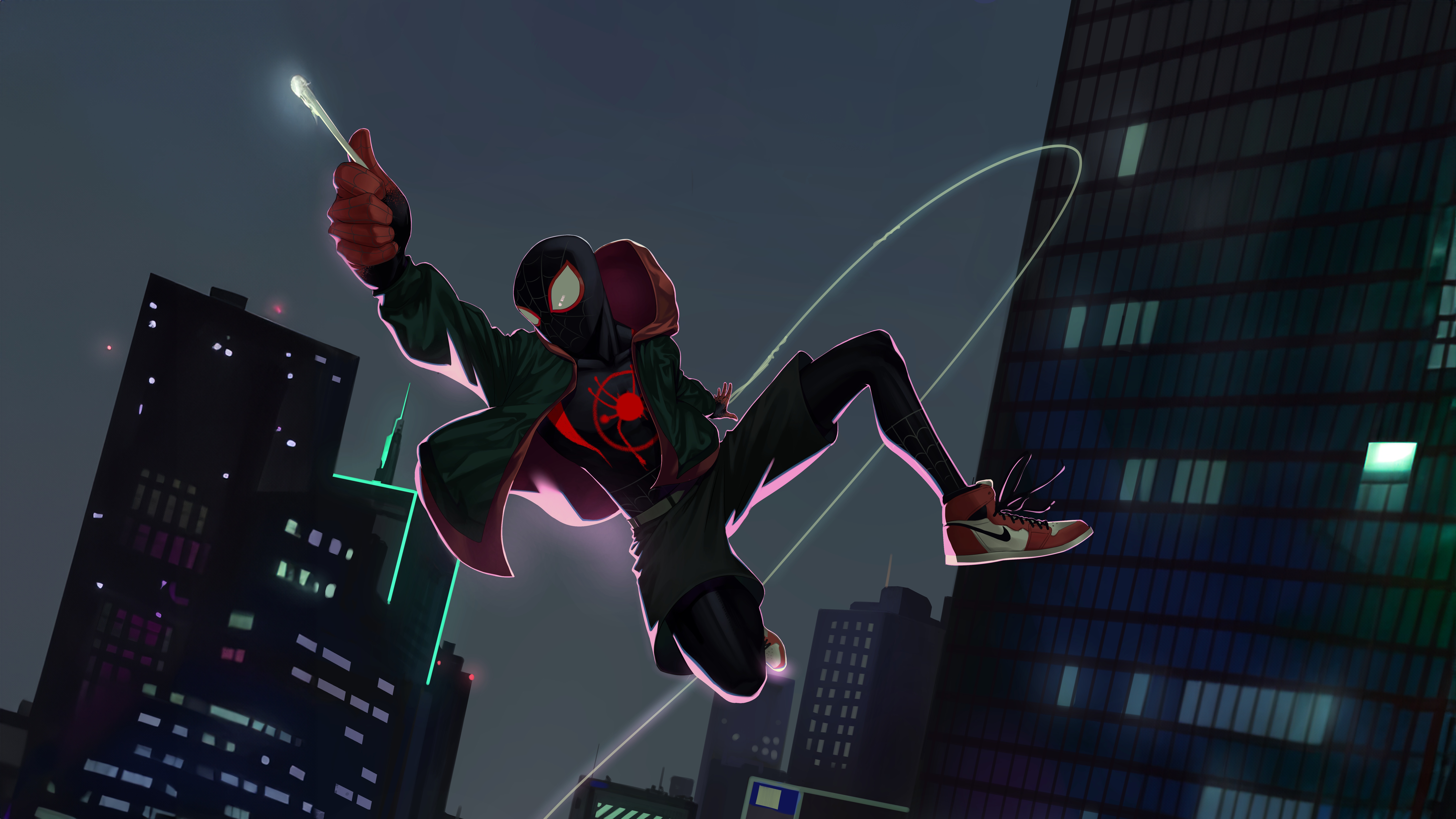 Miles Morales swinging through a city at night HD Wallpaper