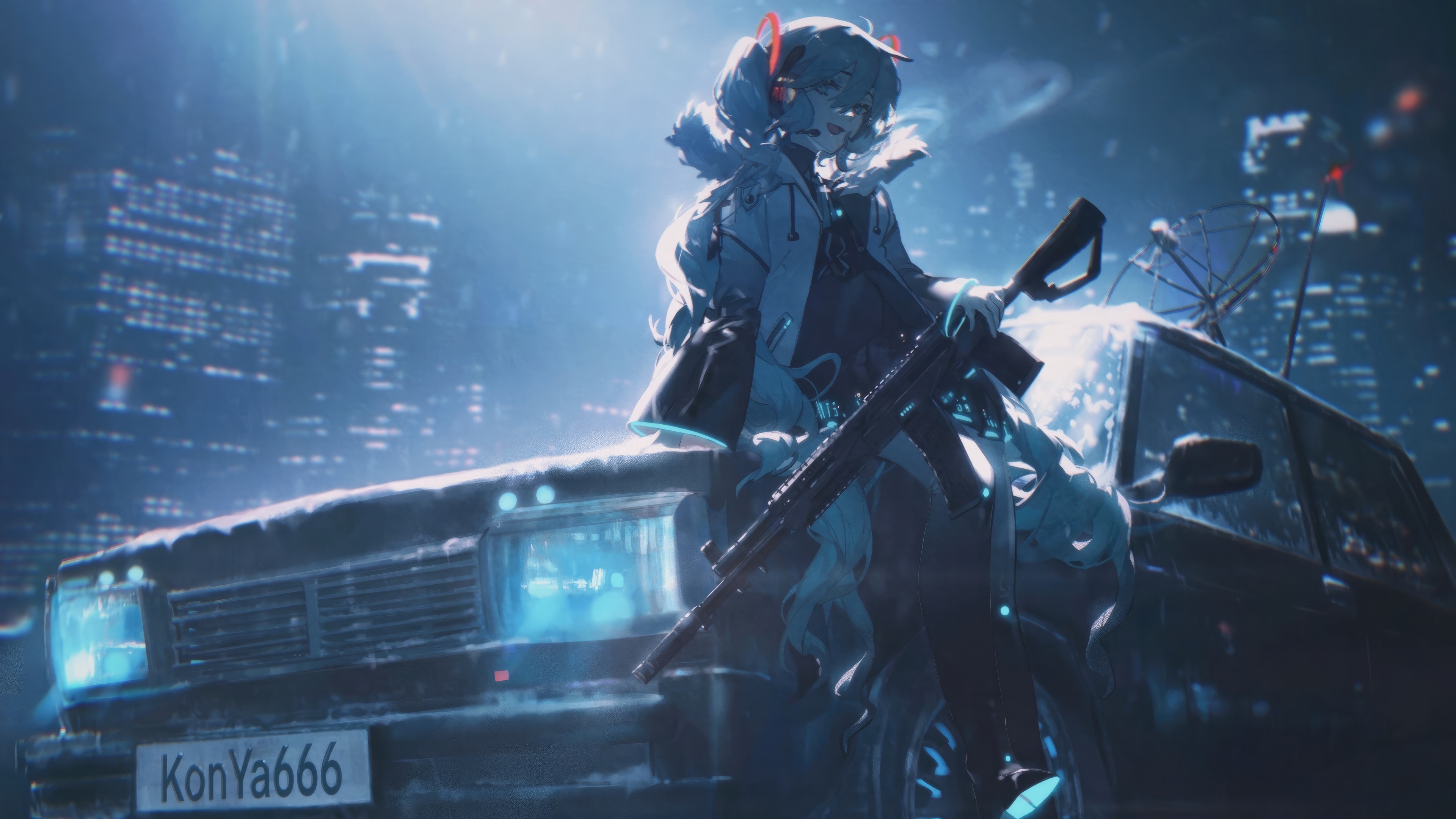 Hatsune Miku with a rifle by a car in a city HD Wallpaper