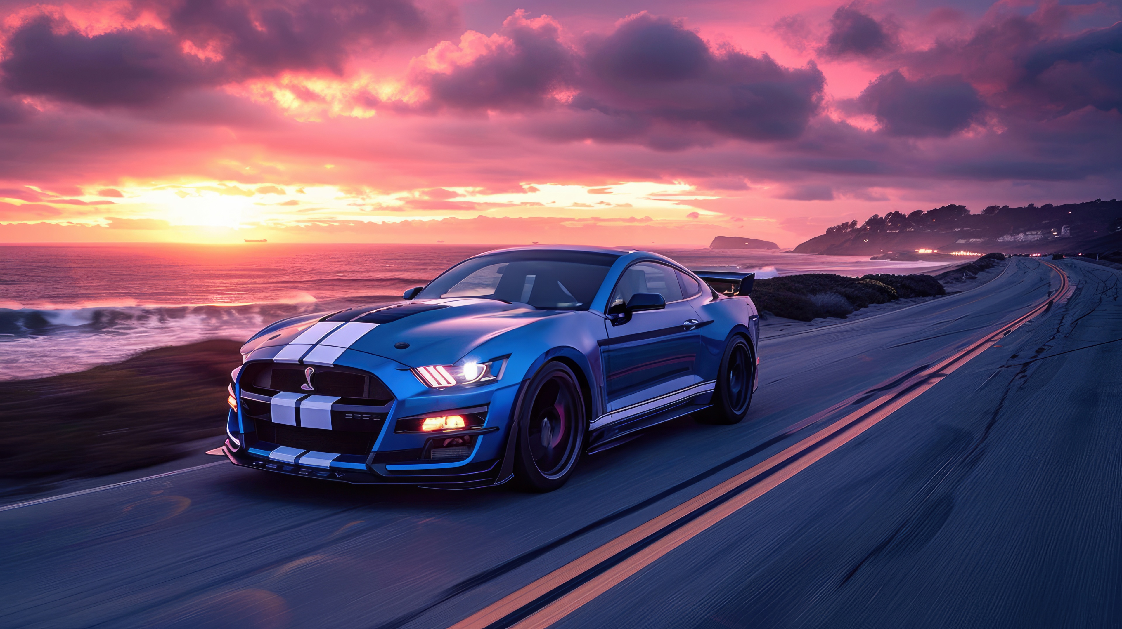 Blue Ford Mustang Shelby GT500 on Coastal Road at Sunset HD Wallpaper