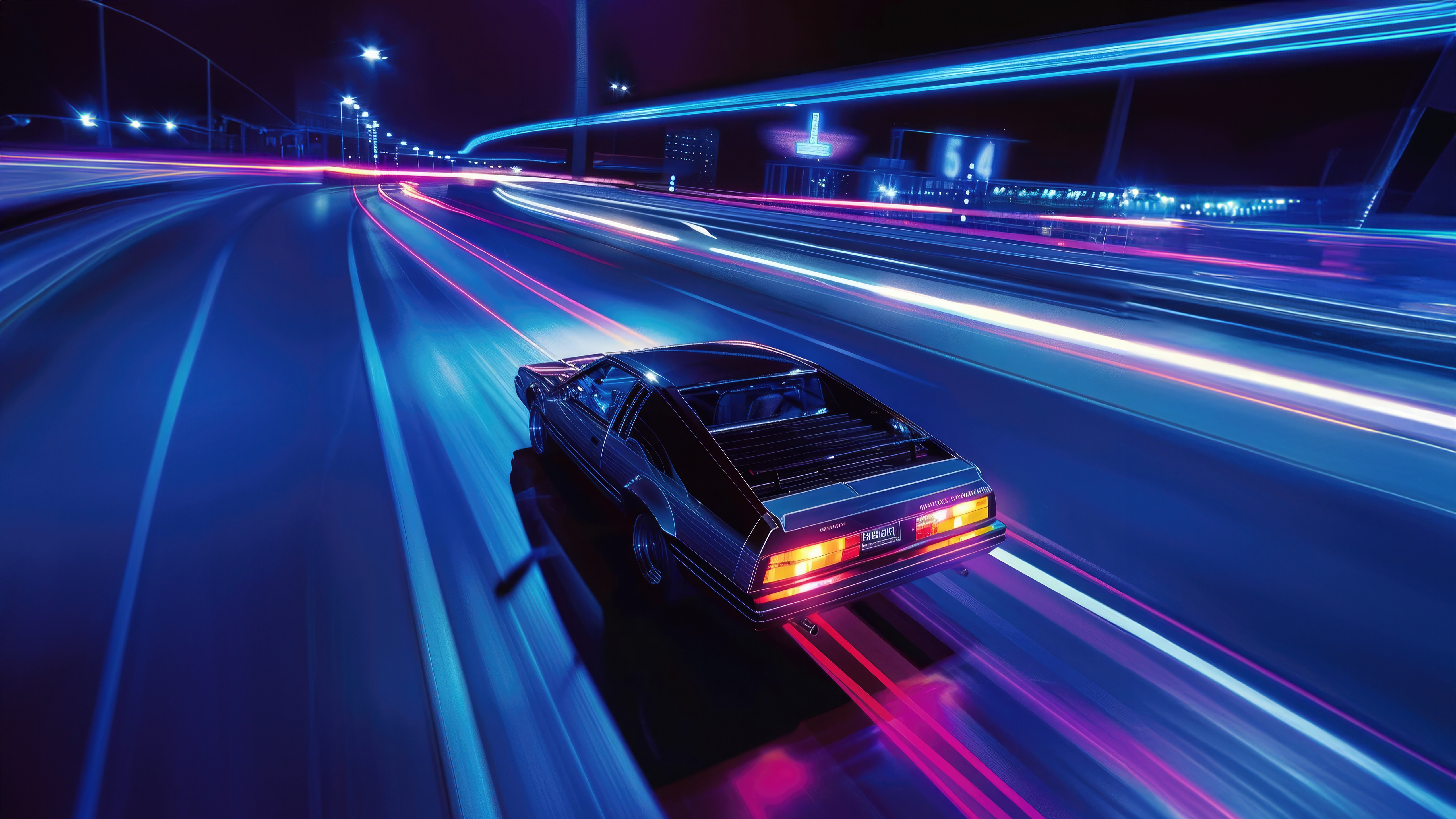 Retro car driving on a highway at night HD Wallpaper