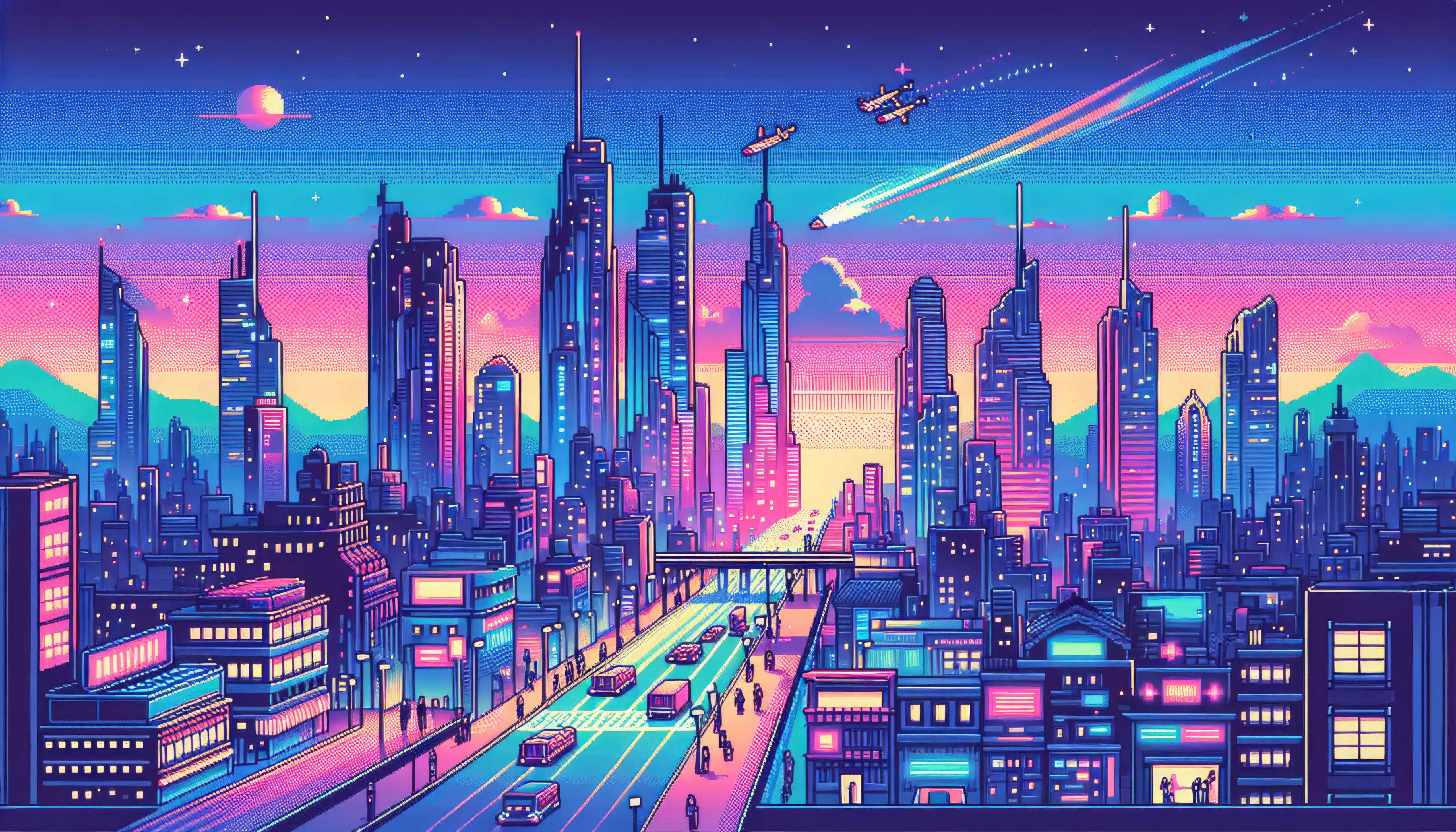 Retro Futuristic Pixel Art Cityscape with Flying Vehicles HD Wallpaper