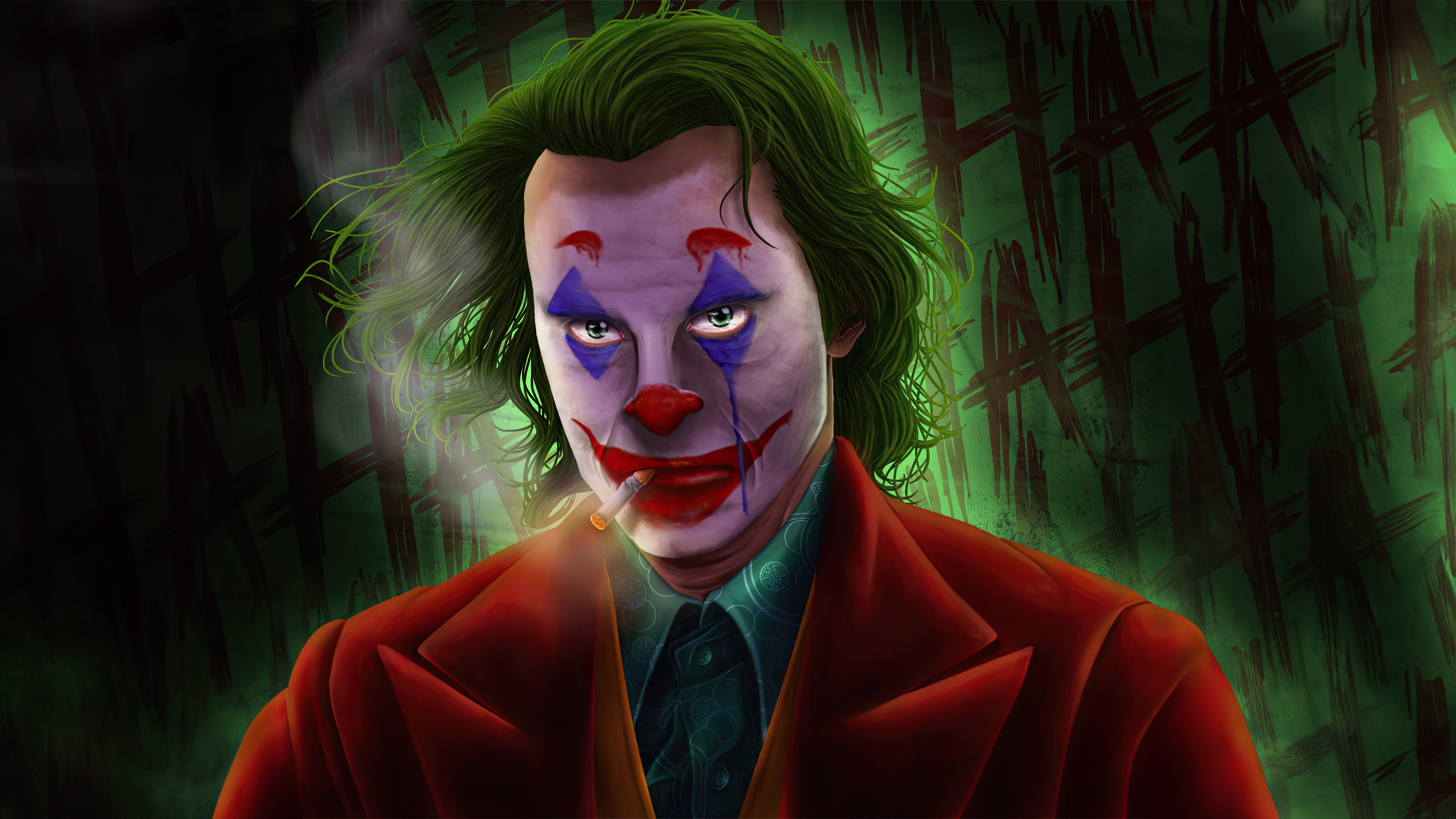 Joker smoking with 'HA HA' graffiti in the background HD Wallpaper