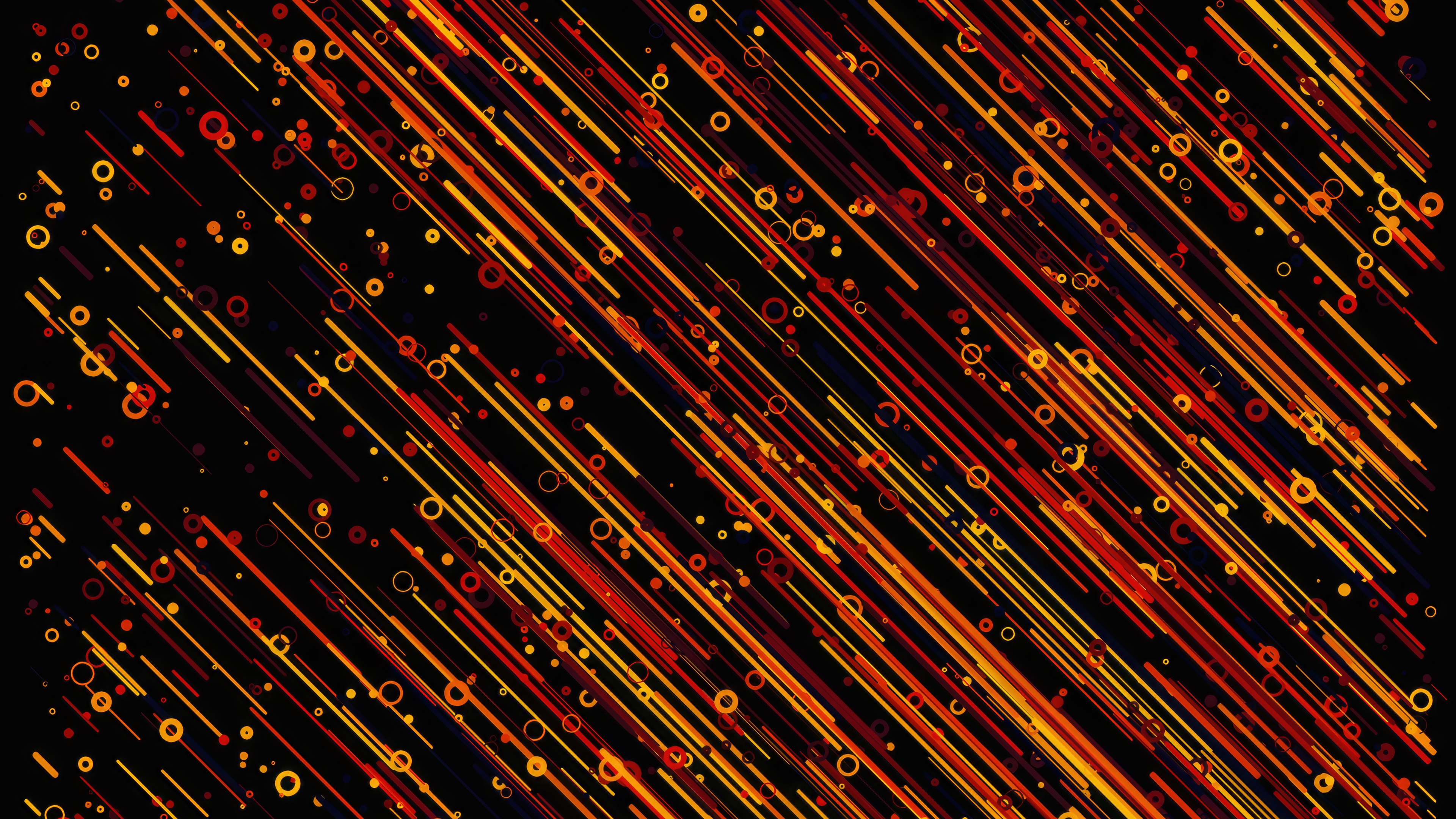 Abstract dark background with diagonal orange and red lines and circles HD Wallpaper